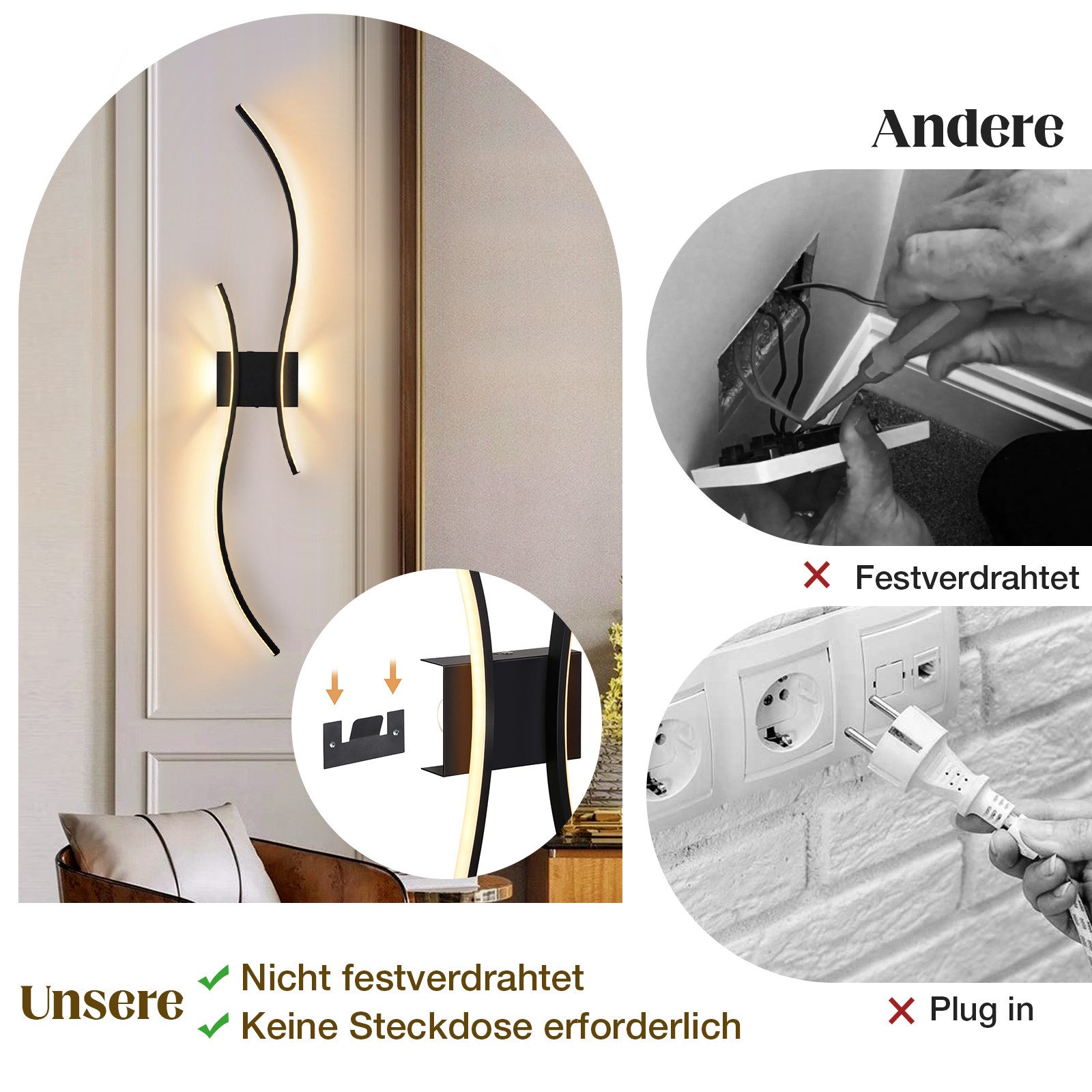 Rosnek Wandleuchte Kabellose LED Wandleuchte, wiederaufladbar, dimmbar mit Fernbedienung, LED fest integriert, 3000–6000K stufenlos, Touch-Steuerung, für Wohnzimmer & Schlafzimmer