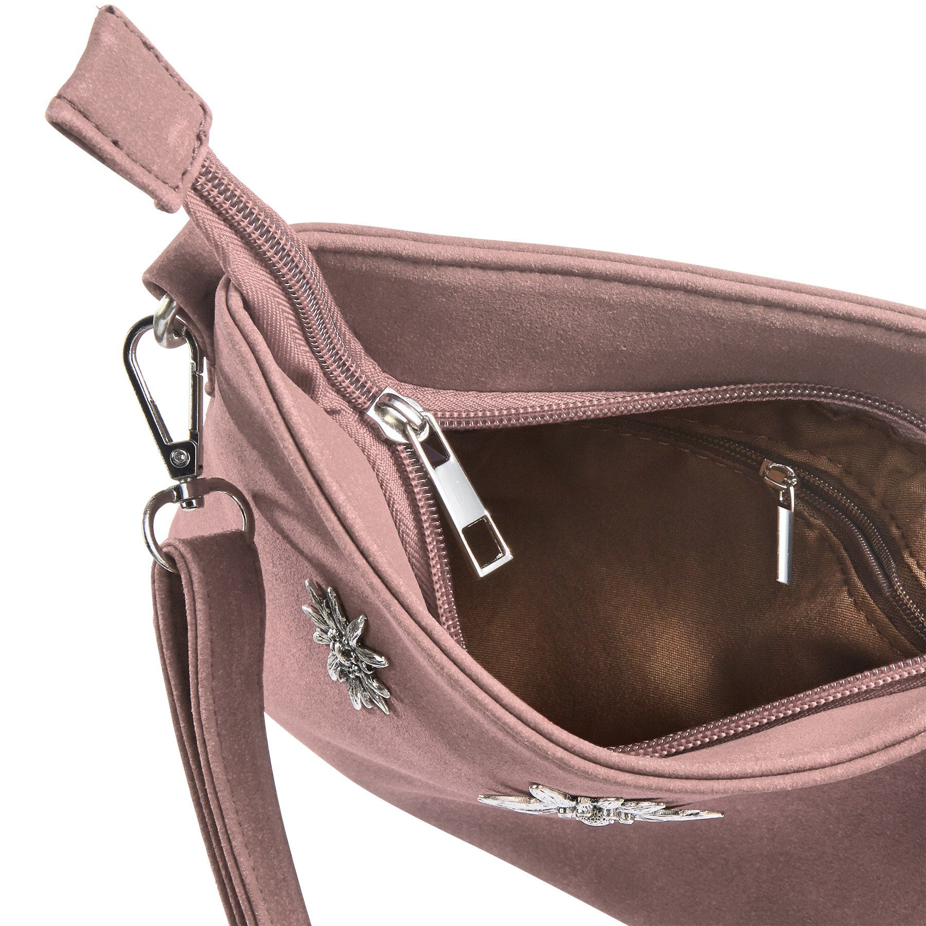 dressforfun Henkeltasche Handtasche, Trachtenmodell in Wildlederoptik, Gurtlänge ca. 126 cm (Tragetasche, Konfektionsgröße 0 in rosa), Reißverschluss, Seitenfac – Bild 3 von 3