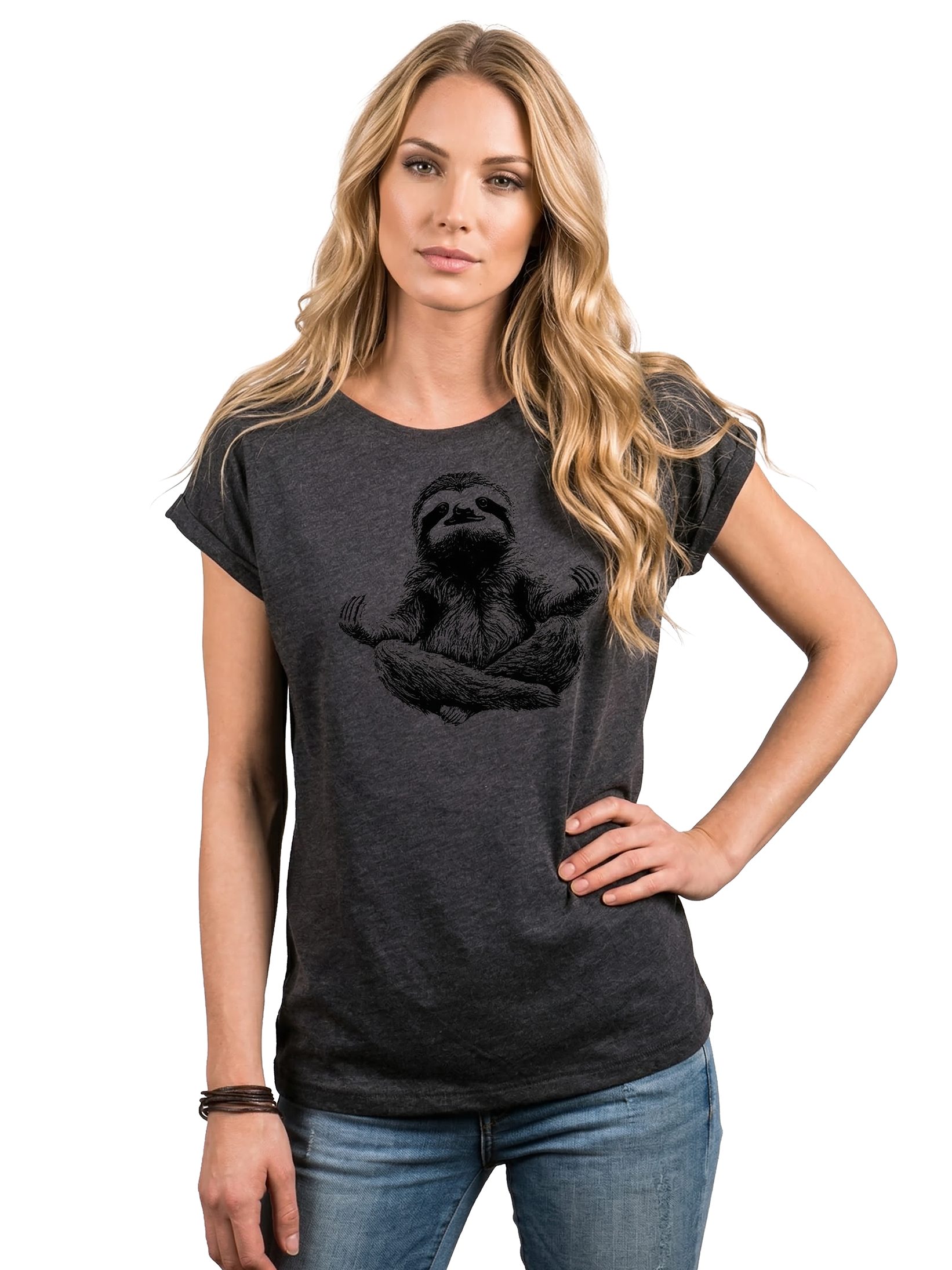 MAKAYA T-Shirt Kurzarm Damen T-Shirt mit lustigem Faultier-Yoga-Aufdruck (Weiß, Rosa, Hellgrau, Grün, Dunkelgrau, 34, 36, 38, 40, 42, 44, 46, 48, 50) Baumwolle