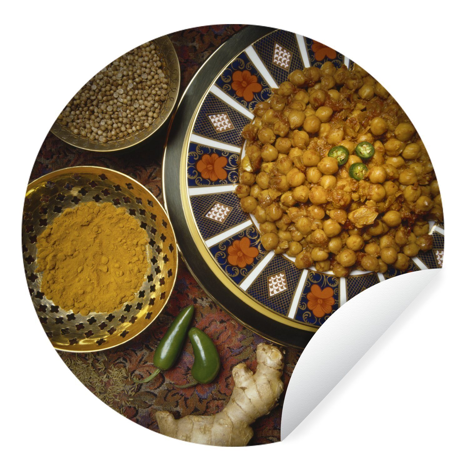 MuchoWow Wandsticker Indische Kichererbsen mit Curry als Beilage (1 St), Tapetenkreis für Kinderzimmer, Tapetenaufkleber, Rund, Wohnzimmer