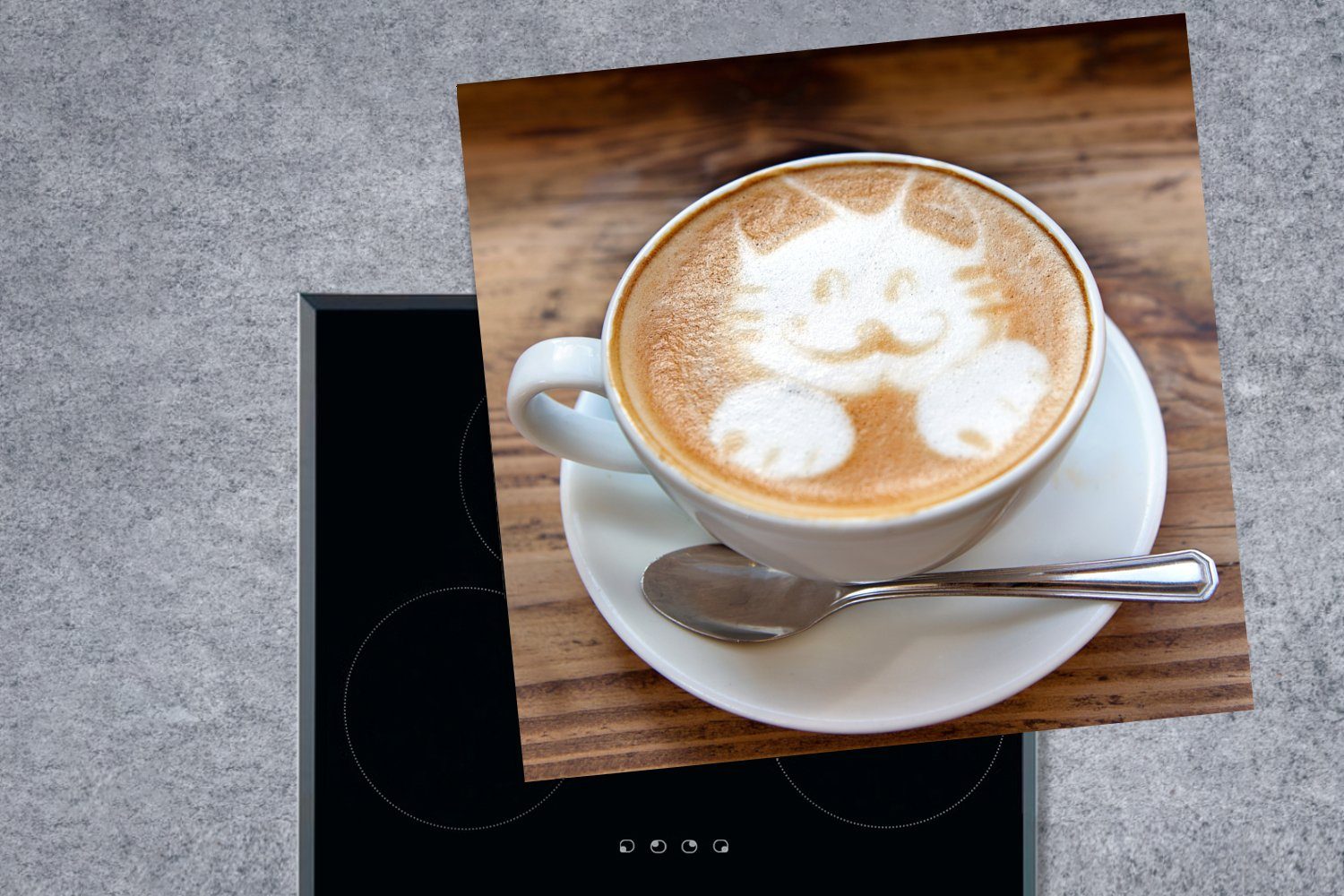 MuchoWow Herdblende-/Abdeckplatte Eine Vinyl, küche cm, Arbeitsplatte für Katze Latte tlg), Art Cappuccinos ist (1 als im Schaum 78x78 eines Ceranfeldabdeckung, abgebildet