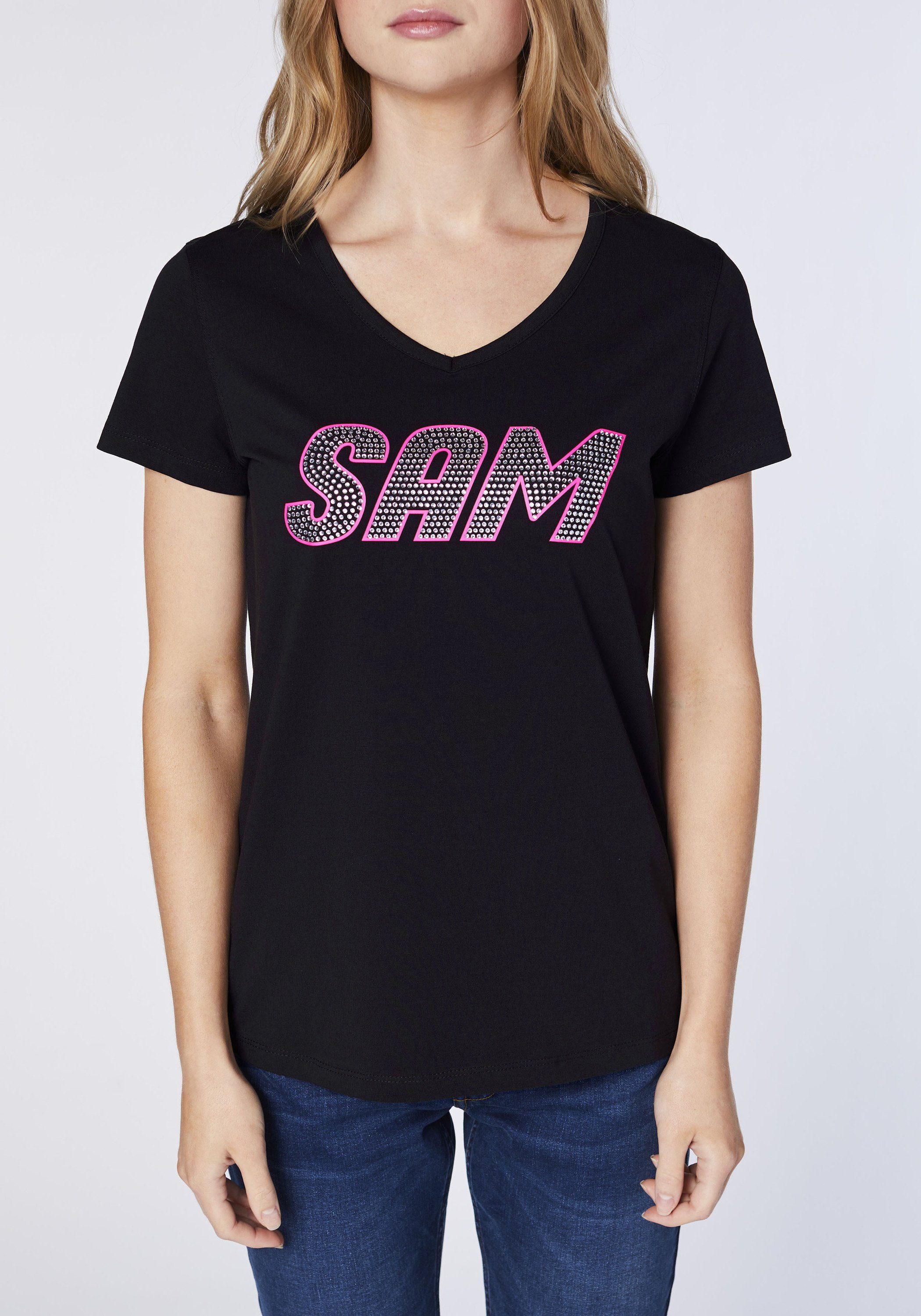 Uncle Sam Print-Shirt mit glitzerndem V-Ausschnitt Deep Black 19-3911