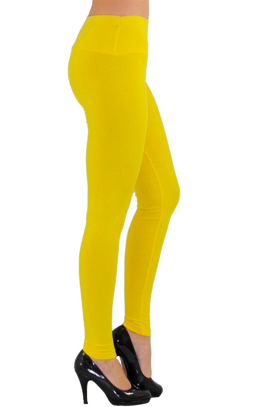 Damen Leggings lang hoher Bund verstärkt Hose blickdicht Baumwolle Leggins