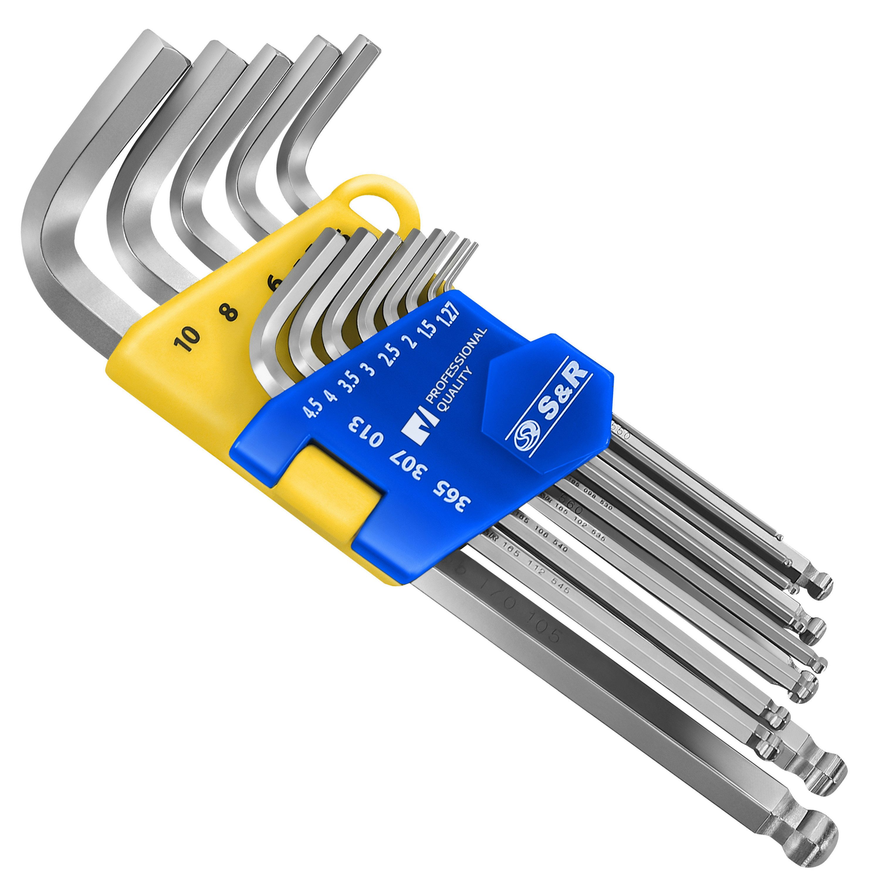 S&R Innensechskantschlüssel Satz HX, mit Kugelkopf, Innensechskant LANG, Cr-V-Stahl gehärtet (Set, 13-tlg 1,27 bis 10 mm), Winkelschlüssel rostfrei, in stabilem Klapp-Halter