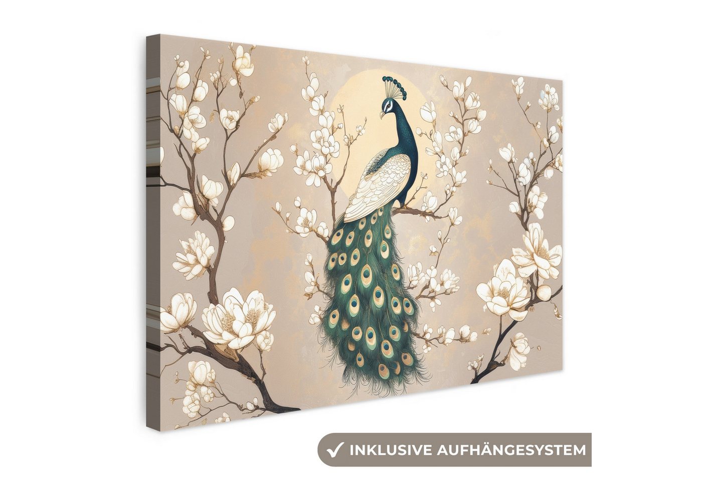 OneMillionCanvasses® Leinwandbild Pfau - Zweig - Blumen, Fotodruck (1 St), Leinwand Bilder Klein, Wand Dekoration Aesthetic 30x20 cm