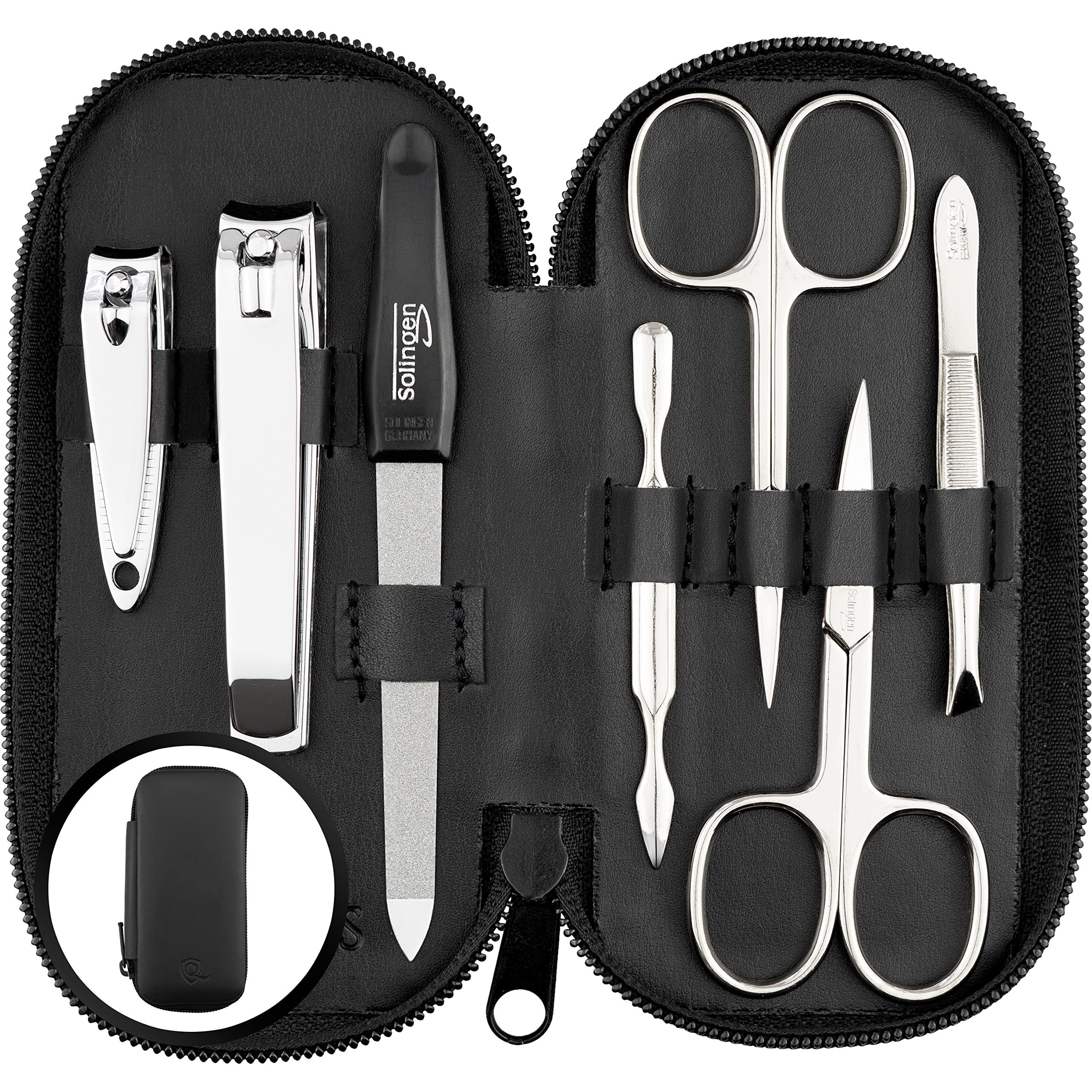 marQus Maniküre-Pediküre-Set Maniküre Set Solingen - Vergleichssieger mit Top Preis/Leistung, Echt Leder Etui handlich und weich, 7teiliges Nagelset aus glanzvernickeltem poliertem Stahl