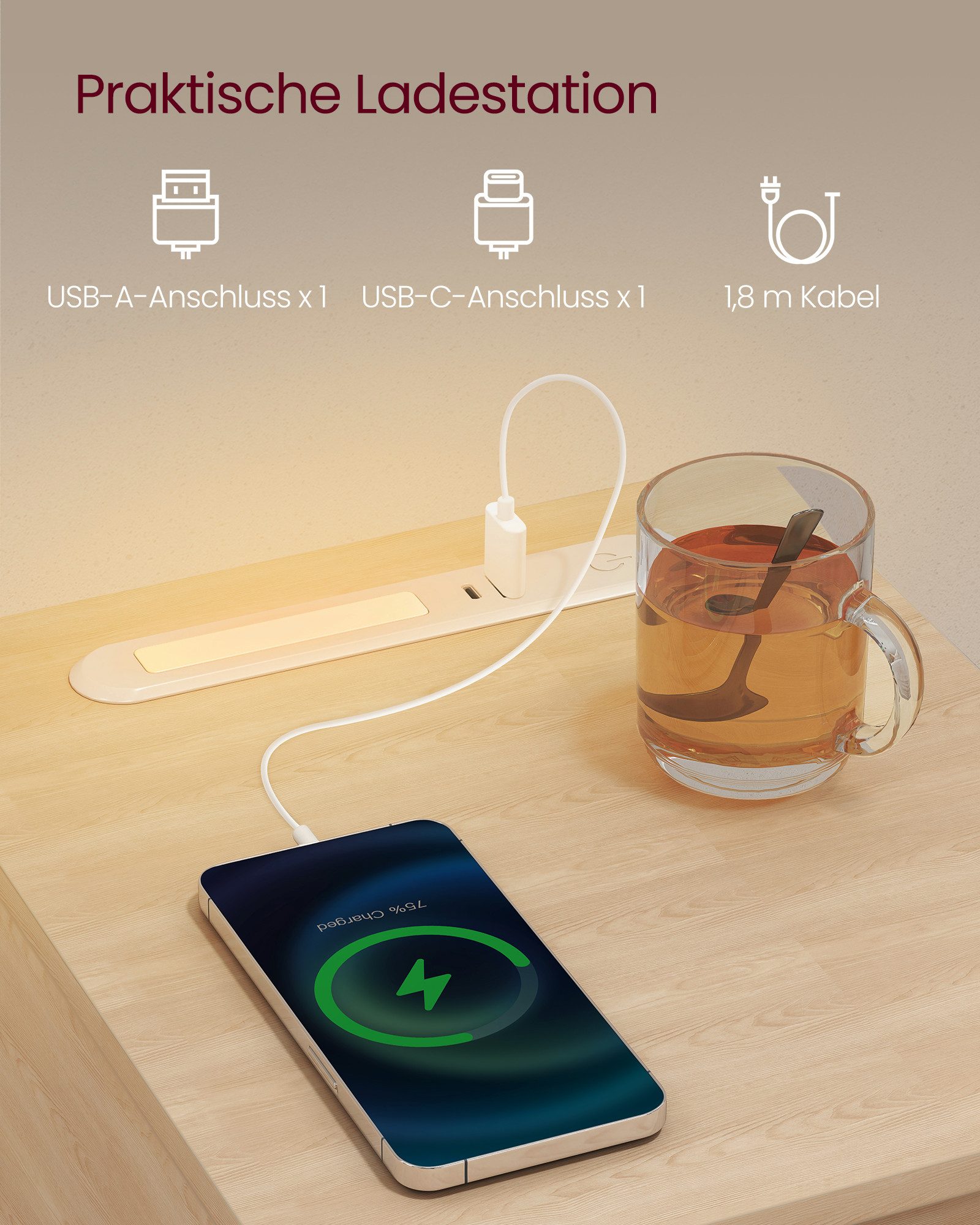 VASAGLE Nachttisch 1/2er Set Beistelltisch LED-Beleuchtung (2-St), schmal, Schublade, offenes Fach – Bild 4 von 5