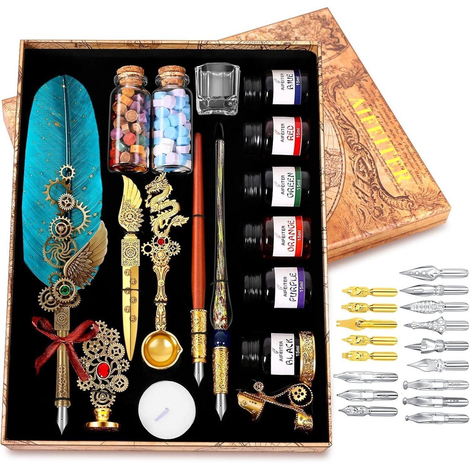Zeichenfeder Schreibfeder Tintenset Quill Stift Notizbuch Federn Siegel Wachs Grau