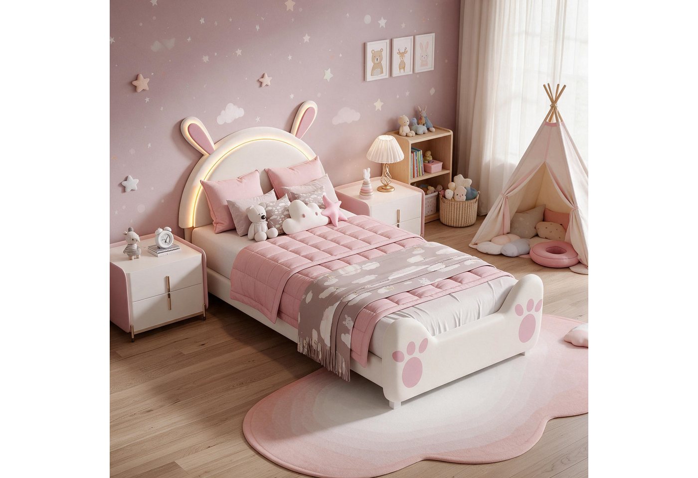 Simurq Einzelbett Kinder Polster-Einzelbett 90x200, Kopfteil in Hasenform mit LED, Samt