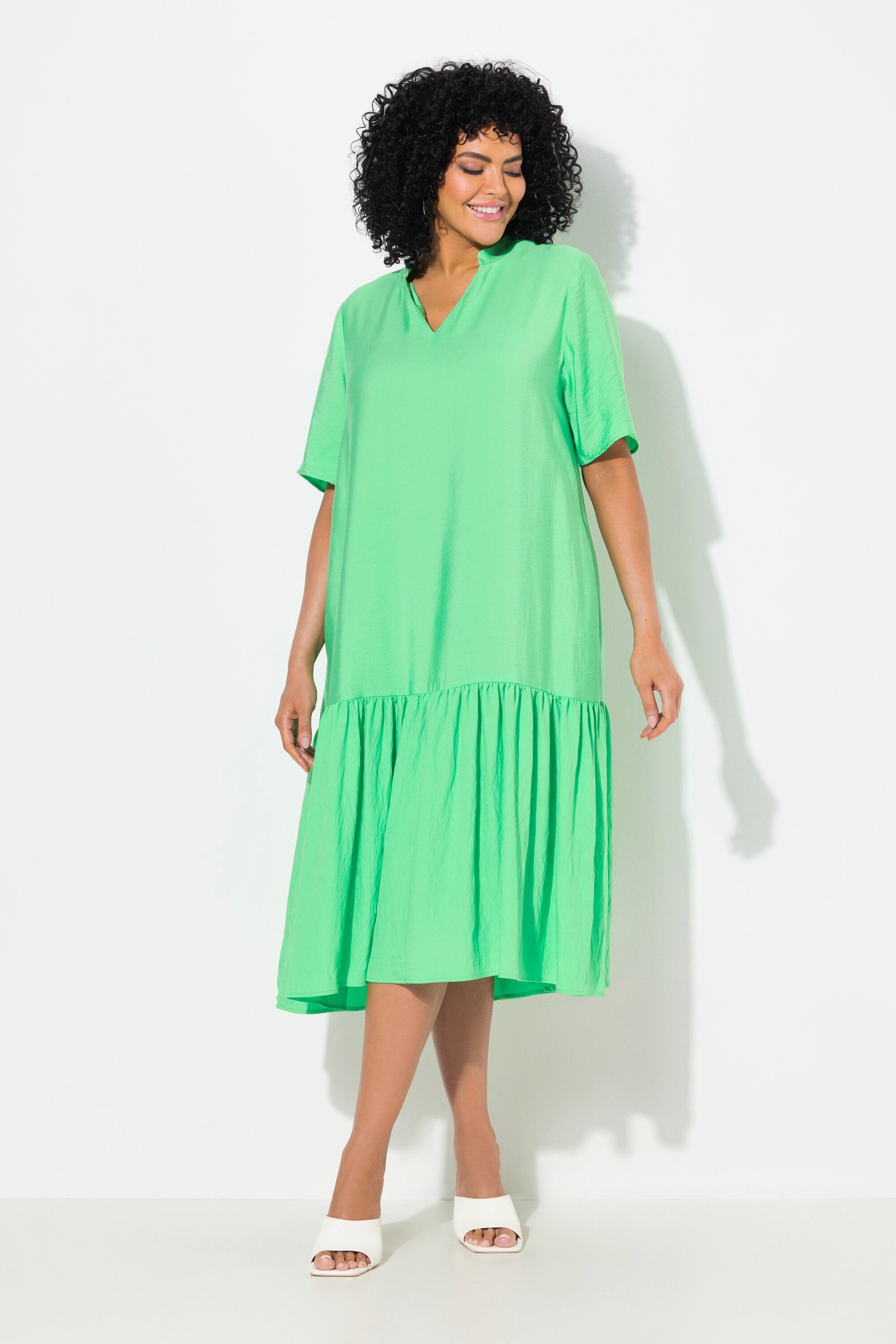 Midikleid Midikleid Volantsaum A-Linie V-Ausschnitt Halbarm
