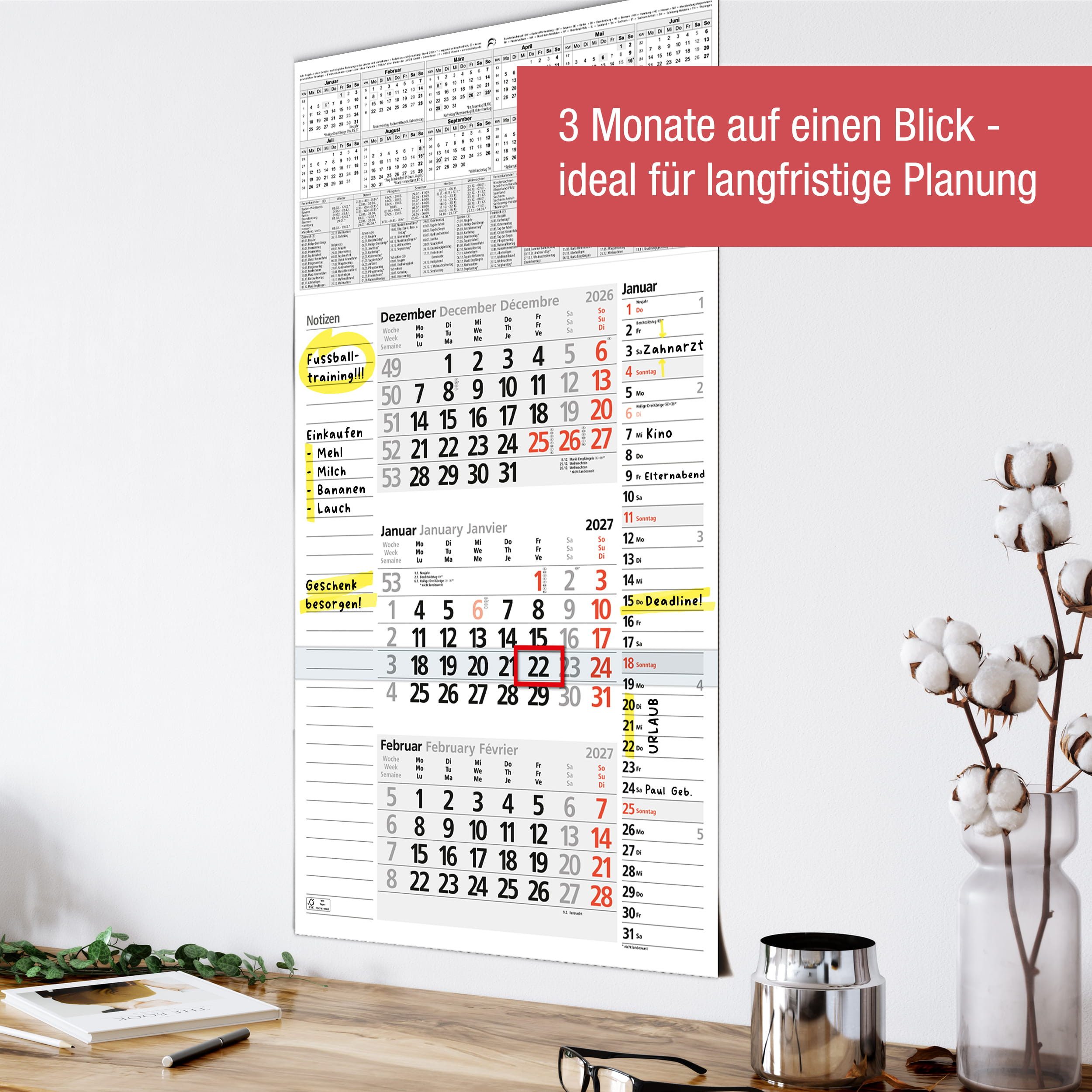 TOBJA Wandkalender 3 Monatskalender 2027 mit Notizfeld & Tagesliste 30x56 cm FSC, Notizfeld, Tagesliste, Datumsschieber, Schulferien DE+AT, FSC – Bild 4 von 5