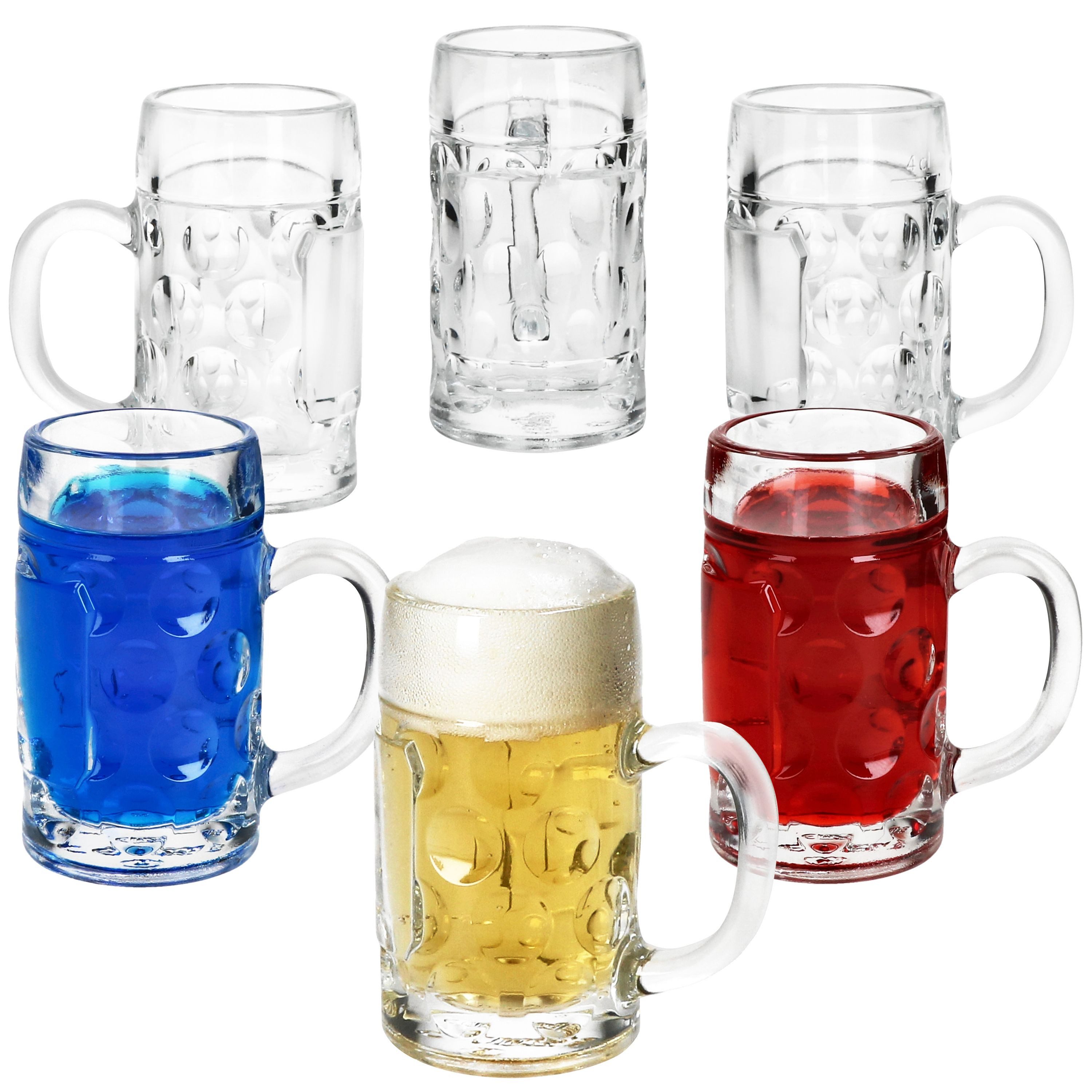 MamboCat Schnapsglas 6x Mini-Maßkrug Schnapsgläser 4cl geeicht Shot-Glas Stamper Henkel, Glas