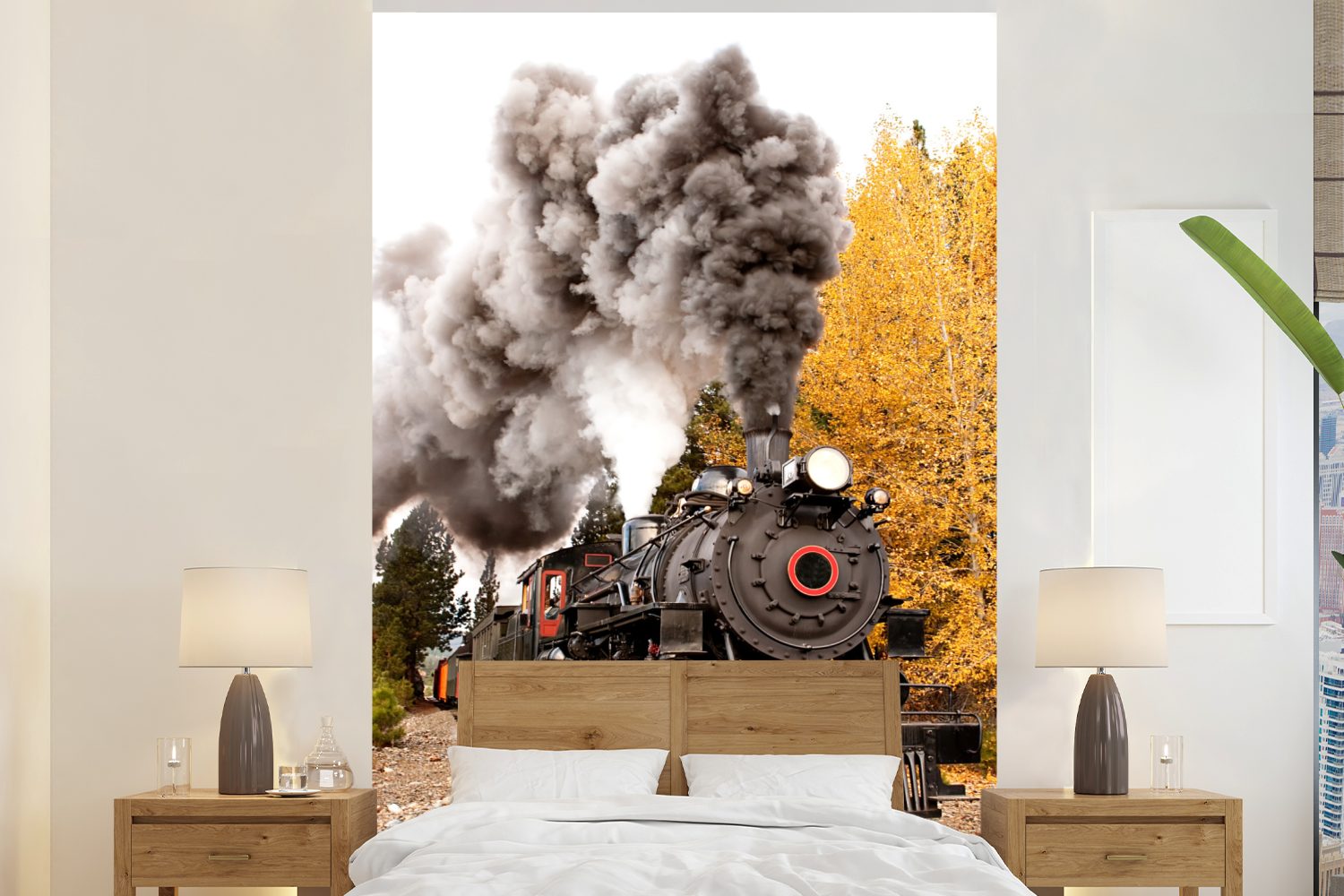 Wandtapete Matt, Vinyl MuchoWow Fototapete Wohnzimmer, Rauchfahnen, St), schönen mit für Tapete Montagefertig Dampflokomotive bedruckt, (3