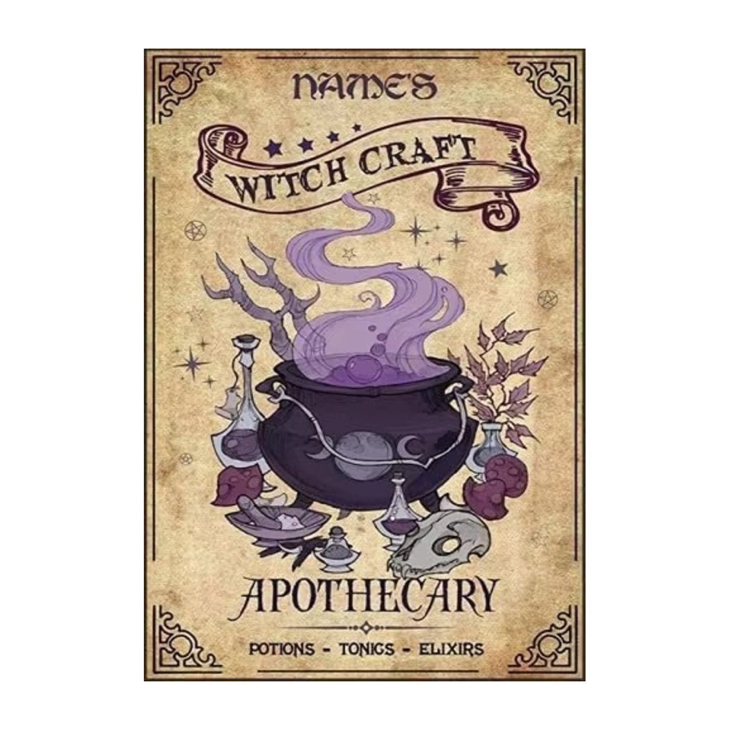 TPFLiving Kunstdruck OHNE RAHMEN, Magische Hexenkunst mit Vintage-Charme - (Leinwandbild XXL), Farben: Farben: Schwarz, Lila, Orange, BeigeGröße: 20x30cm