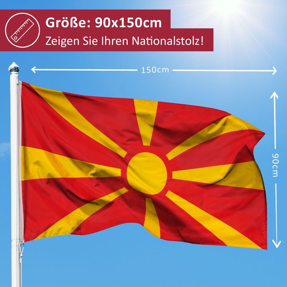 PHENO FLAGS Flagge Nordmazedonien Flagge 90x150 cm – Wetterfeste Nationalflagge, Inkl. 2 Messing Ösen