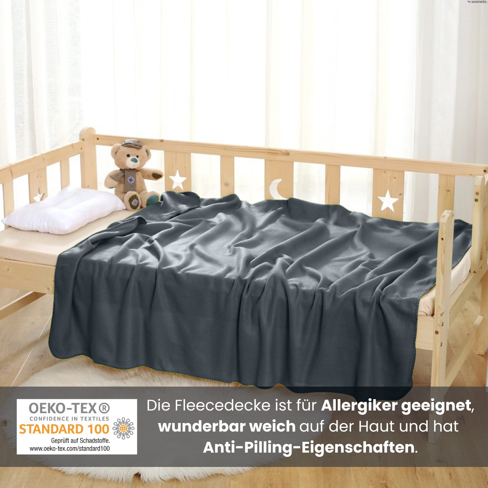Wohndecke Polar-Fleece ca. 130x160, wometo, OEKO-TEX®, Fleecedecke mit Kettel-Einfassung & Anti-Pilling