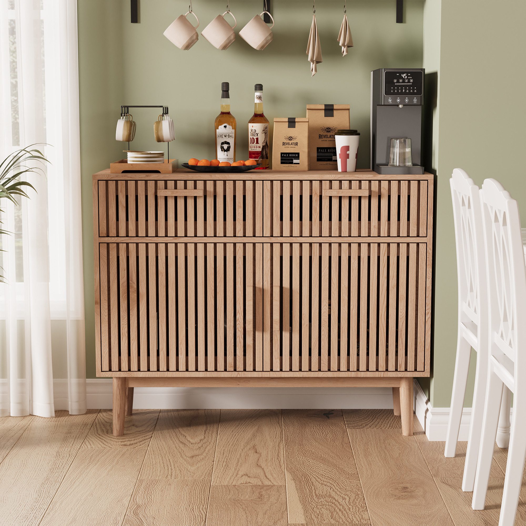 zebery Kommode Sideboard Buffetschrank aus Holz, Holzbeine (Set, 1 St., Anrichte Küchenschrank mit 2 Schubladen und 2 Türen), für Schlafzimmer, Wohnzimmer, Flur, 100x35x80cm, Holzfarben