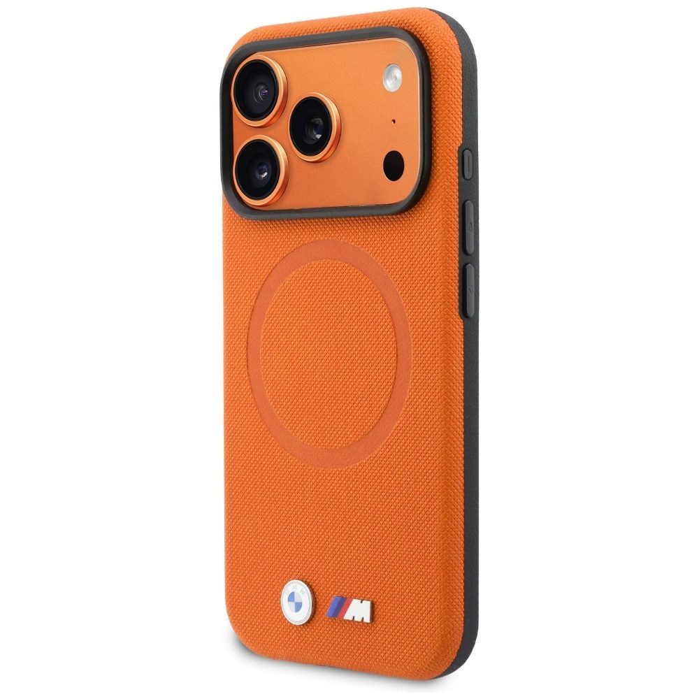 BMW Handyhülle iPhone 17 Pro MagSafe Kunstleder orange Logo Metall 6,3 Zoll, Kantenschutz