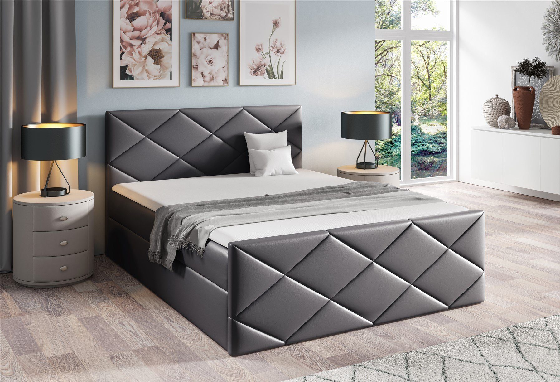 Fun Möbel Boxbett Schlafzimmerbett HENRIK Überlänge (220cm) in Kunstleder (Gepolstertes Kopfteil und Fußteil, Inkl. Bettkasten), Inkl. Topper