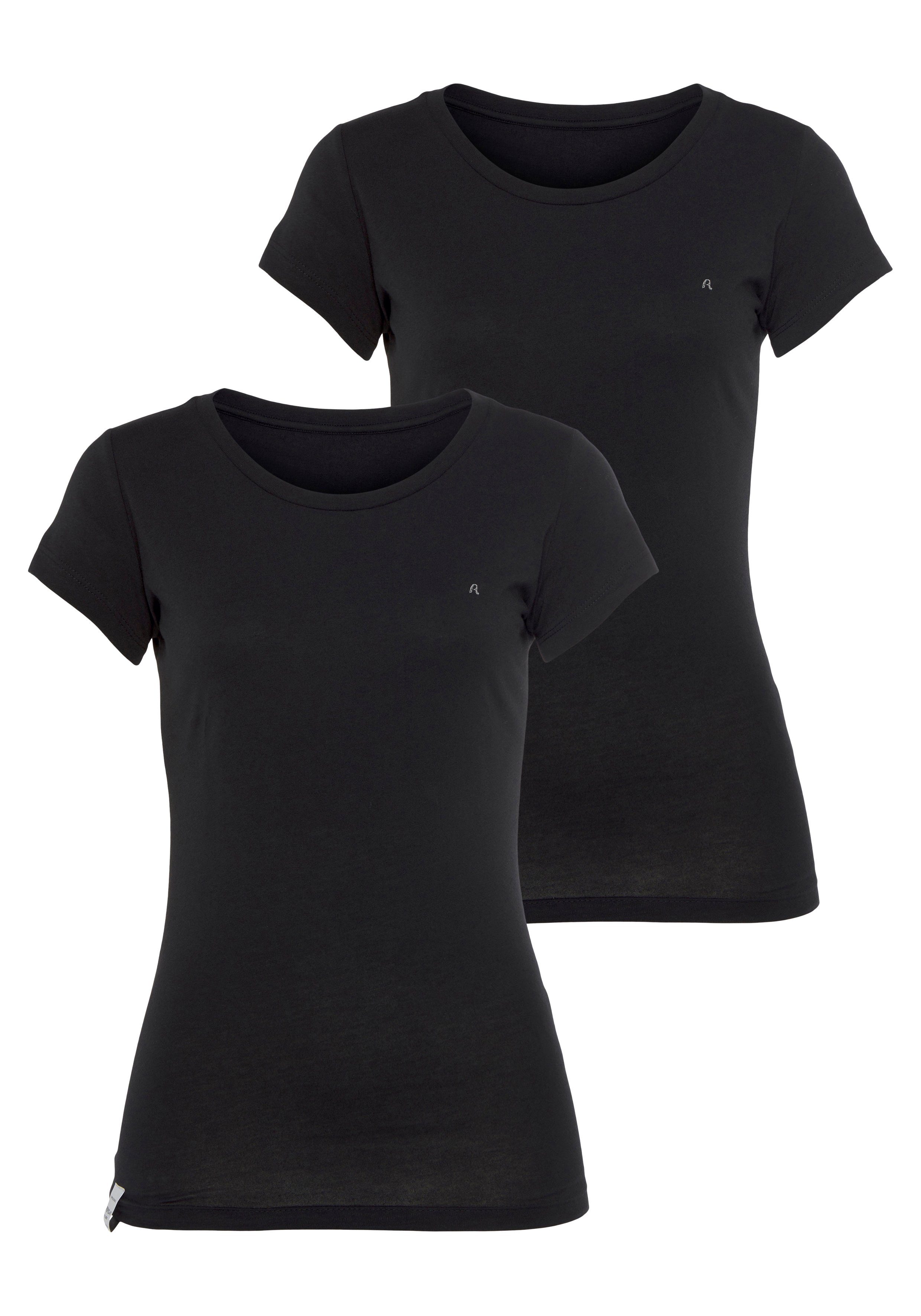 (Packung, schwarz 2-tlg) mit kleiner + Rundhalsshirt Replay schwarz Logostickerei