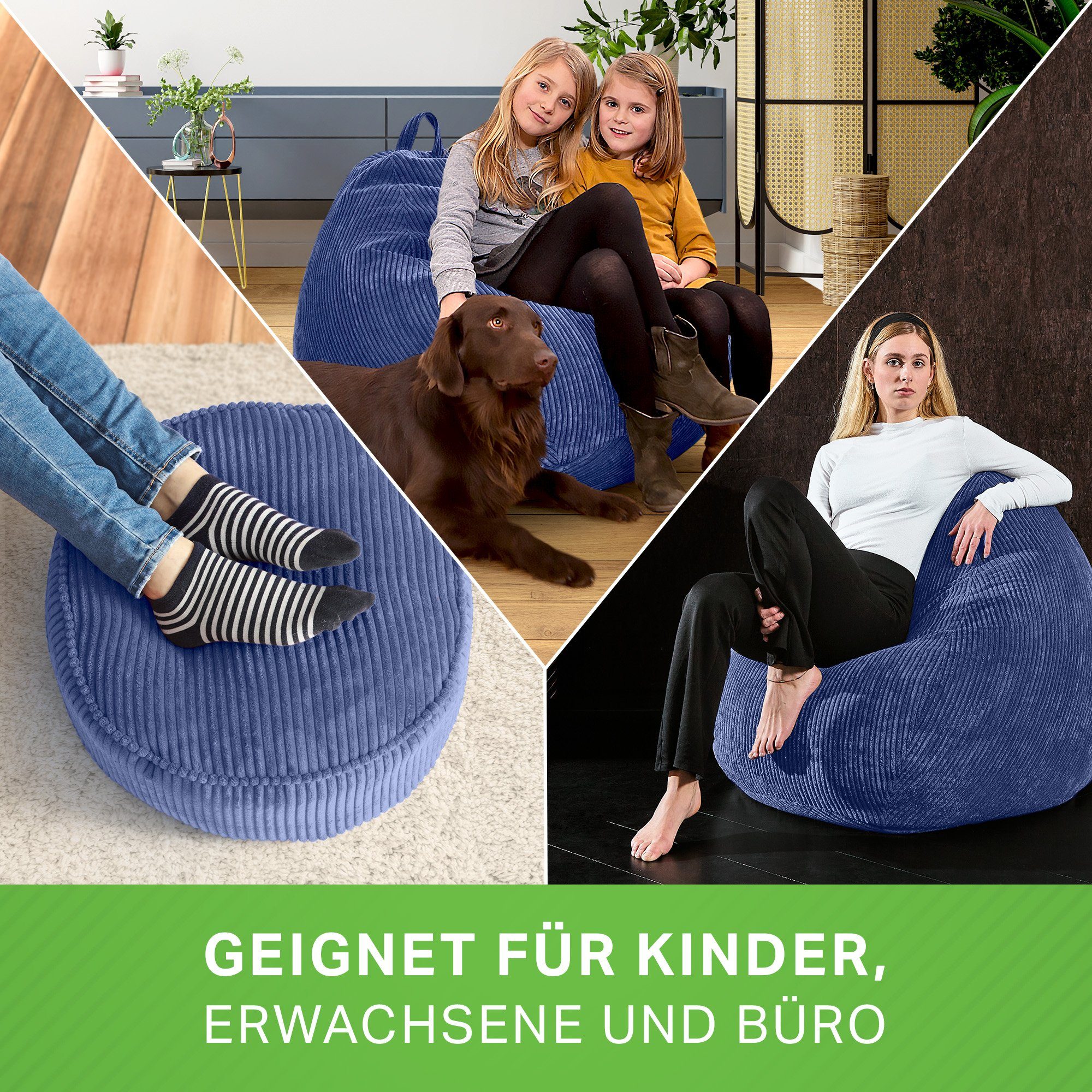 Sitzsack Scoop Green Sessel Pouf Cord, Dunkelblau Bean Sitzkissen Sitzhocker, mit Relax + Indoor