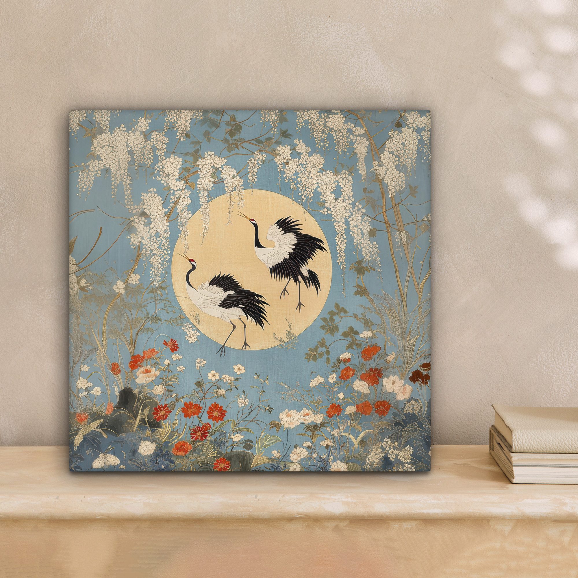 OneMillionCanvasses® Leinwandbild Kraniche - Mond - Blumen - Blau, Fotodruc günstig online kaufen