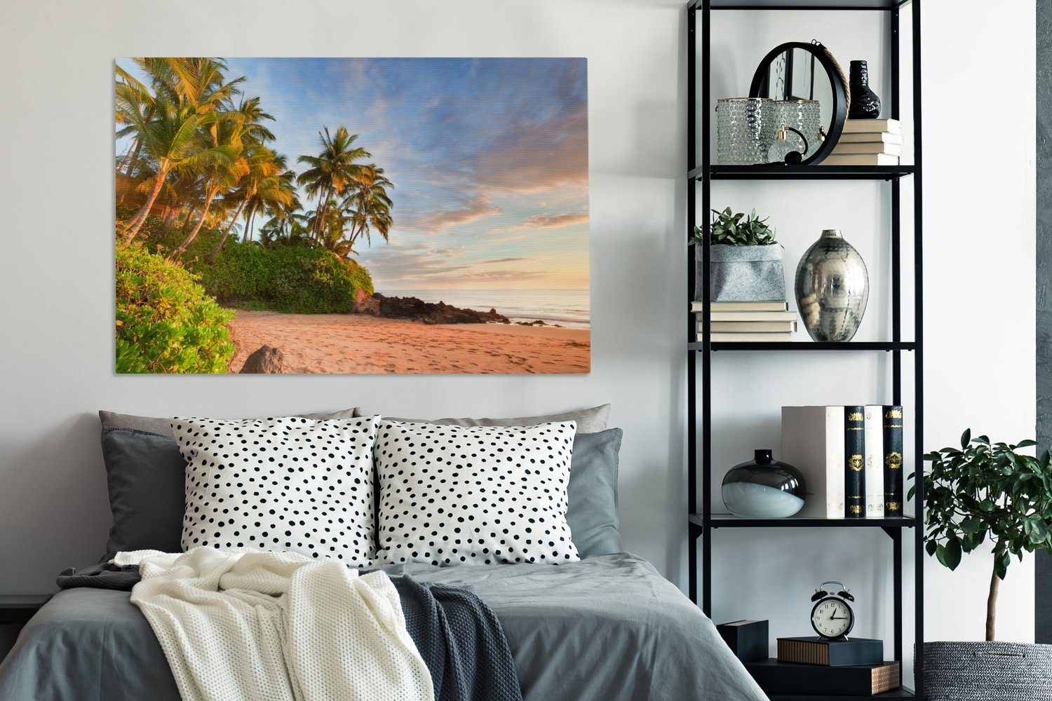 OneMillionCanvasses® Leinwandbild Schief hängende Palmen amerikanischen St), 120x80 Wohnbereiche, am für (1 Insel Wandbild Strand Gemälde, XXL, der alle cm großes, Hawaii