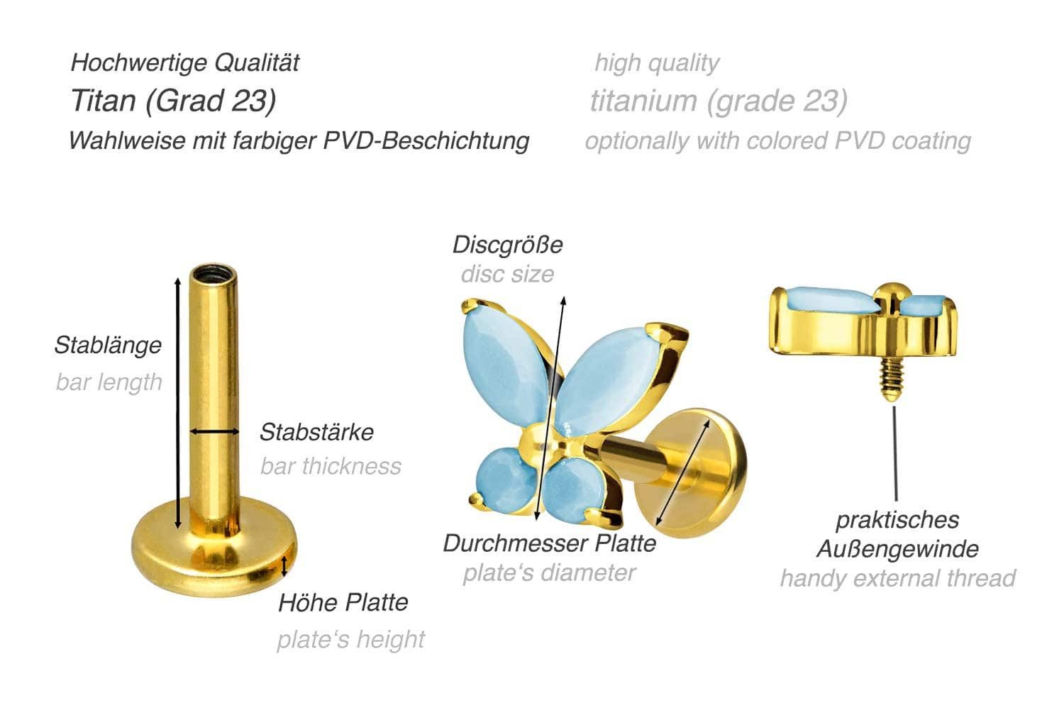 PIERCINGLINE Piercing-Set Titan Labret mit Innengewinde SCHMETTERLING + SYNTHETISCHE TÜRKISE (Labrets, 1-tlg)