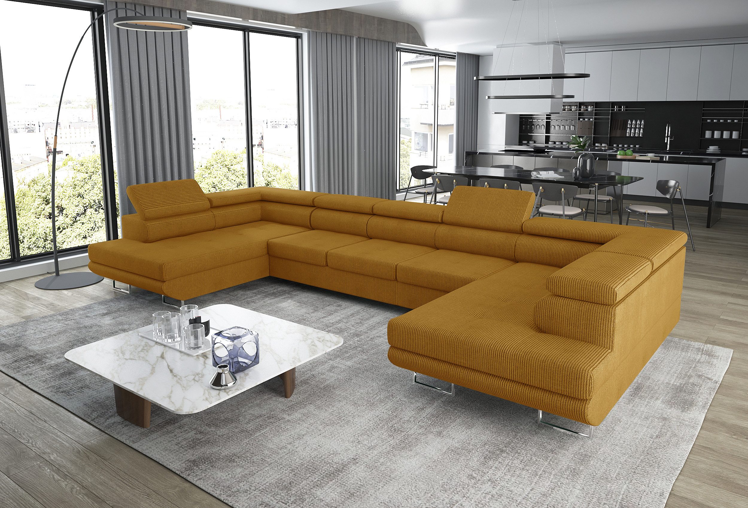 thematys Ecksofa Aston U 403 x 203cm mit Schlaffunktion & Bettkasten –, U-Sofa mit verstellbaren Kopfstützen, Samt (Monolotith), oder Cord (Poso), - U-Form, XL-Wohnlandschaft, 390 cm breit