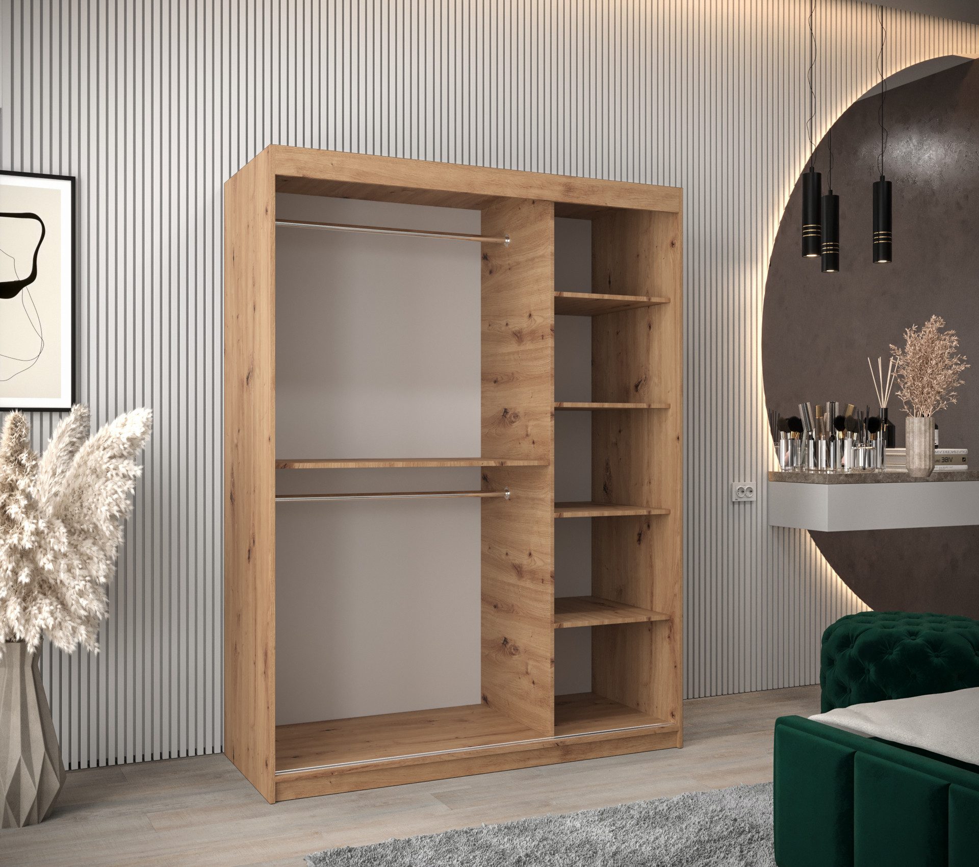 ABIKS MÖBEL Schwebetürenschrank POLE Schlafzimmerschrank - mit Spiegel, Kleiderstange und Regalen
