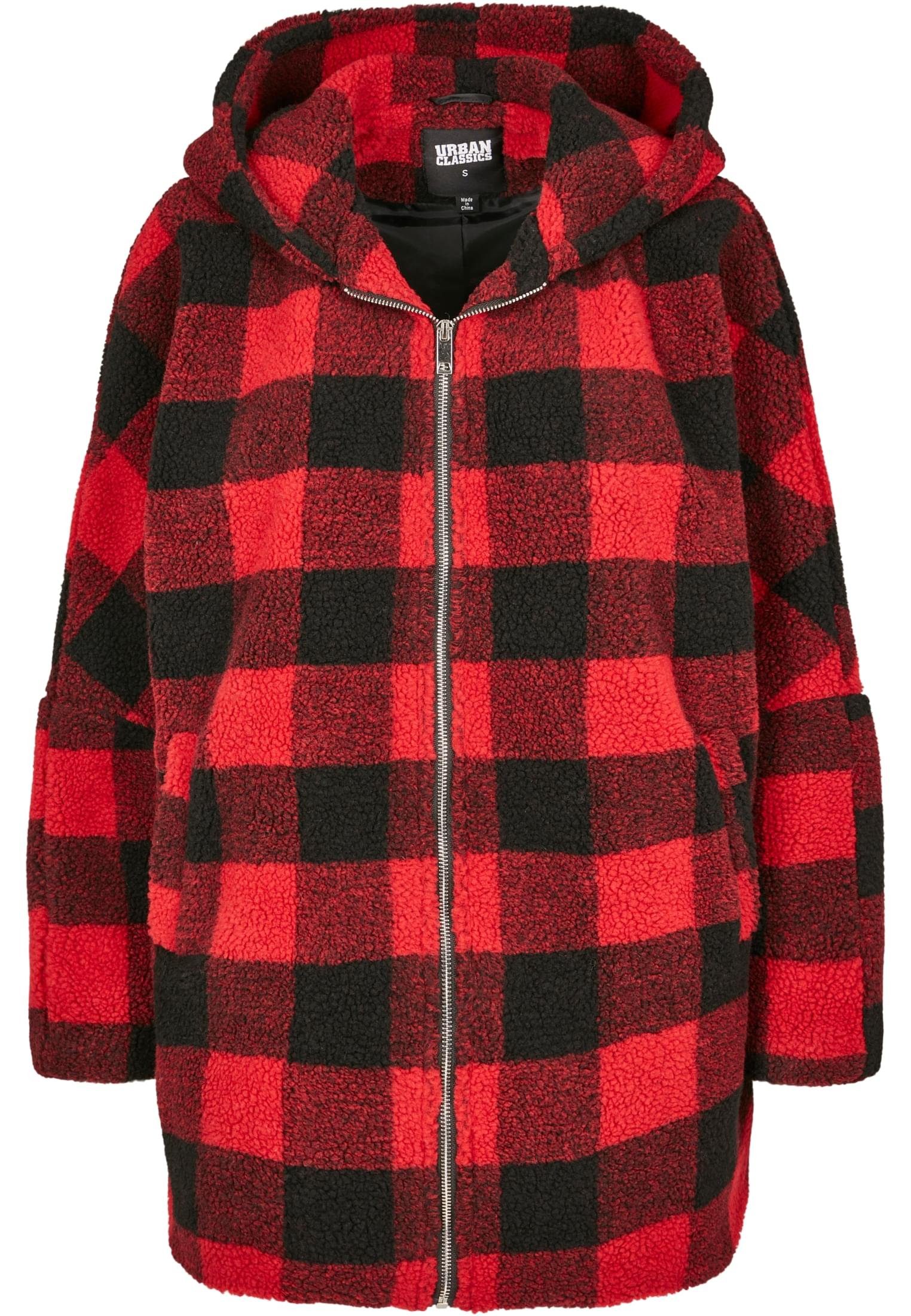 URBAN Damen Jacket Oversized Winterjacke (1-St) Ladies Check Hooded CLASSICS Sherpa firered/black