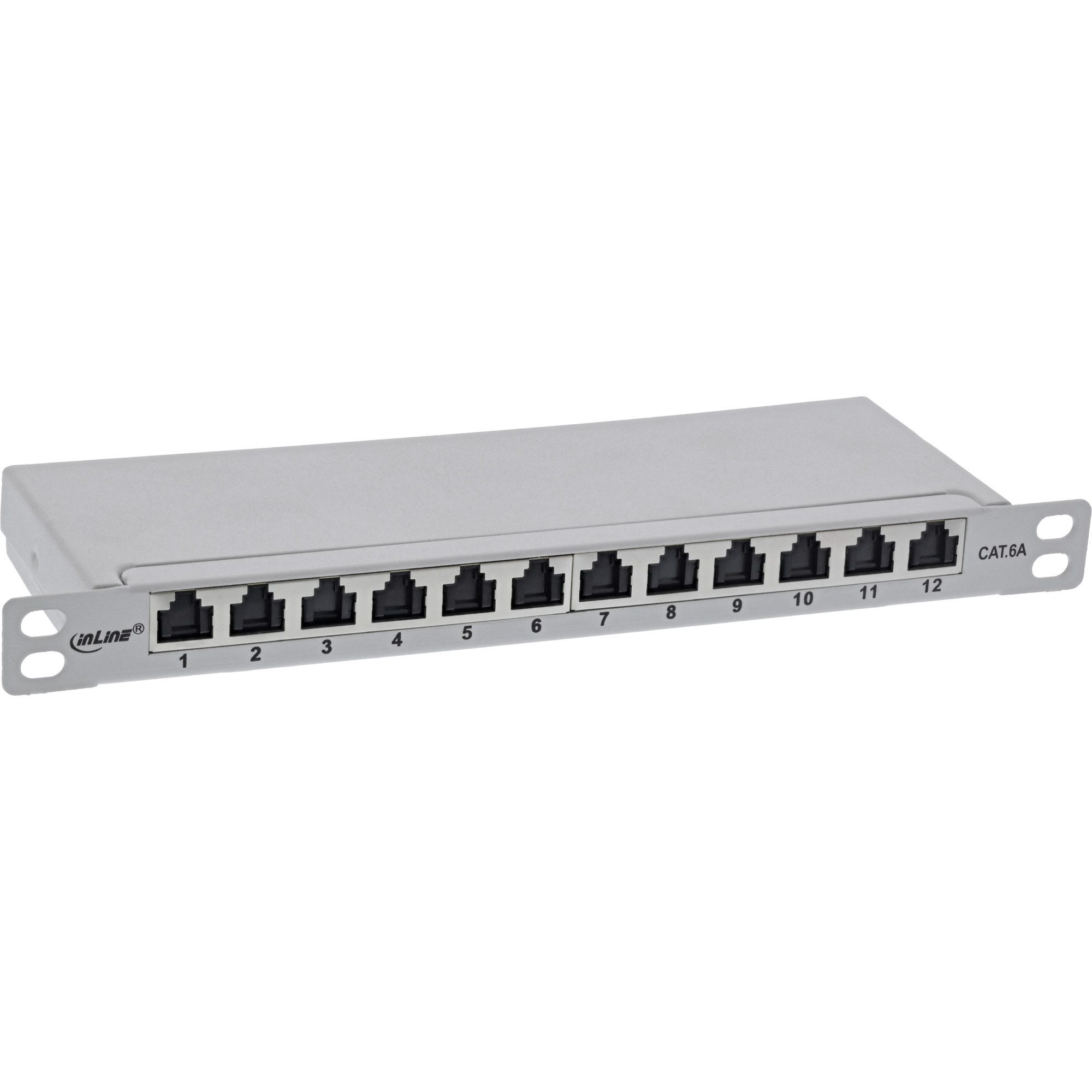 Patchfeld Cat.6A 0,5HE 12-fach, lichtgrau, RAL7035, mit Staubschutz Netzwerk-Patch-Panel