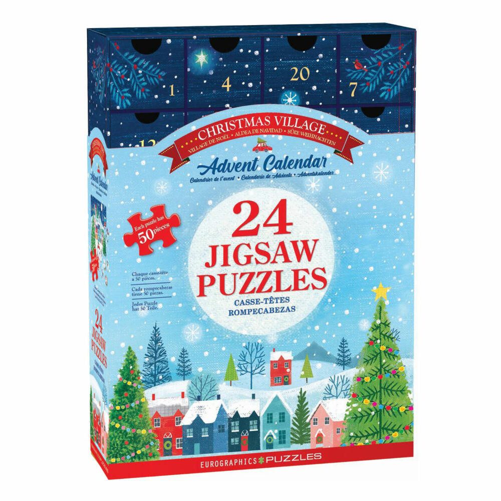 EUROGRAPHICS Adventskalender Puzzle Christmas Village- Joanne Cave, 24 x 50 Teile