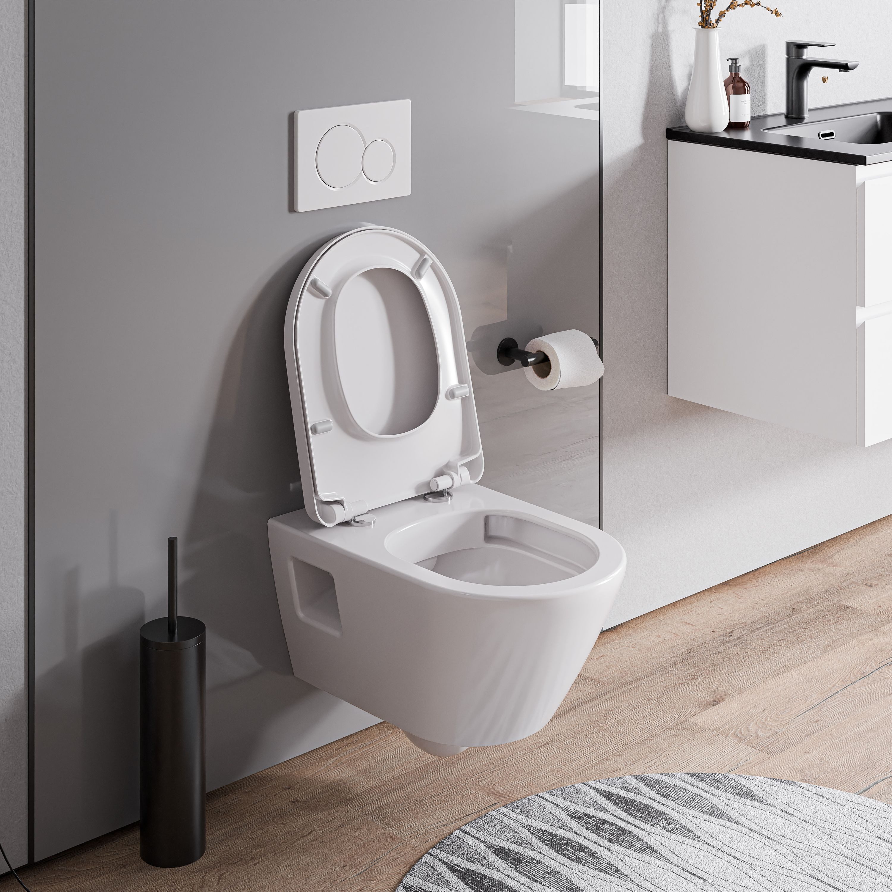 Bernstein Tiefspül-WC VIVEO, Toilette wandhängend mit WC-Sitz, Abgang - waagerecht, inkl. WC-Deckel mit Absenkautomatik und Take-Off Funktion, Wand-WC / Hänge-WC / Weiß Glänzend / spülrandlos