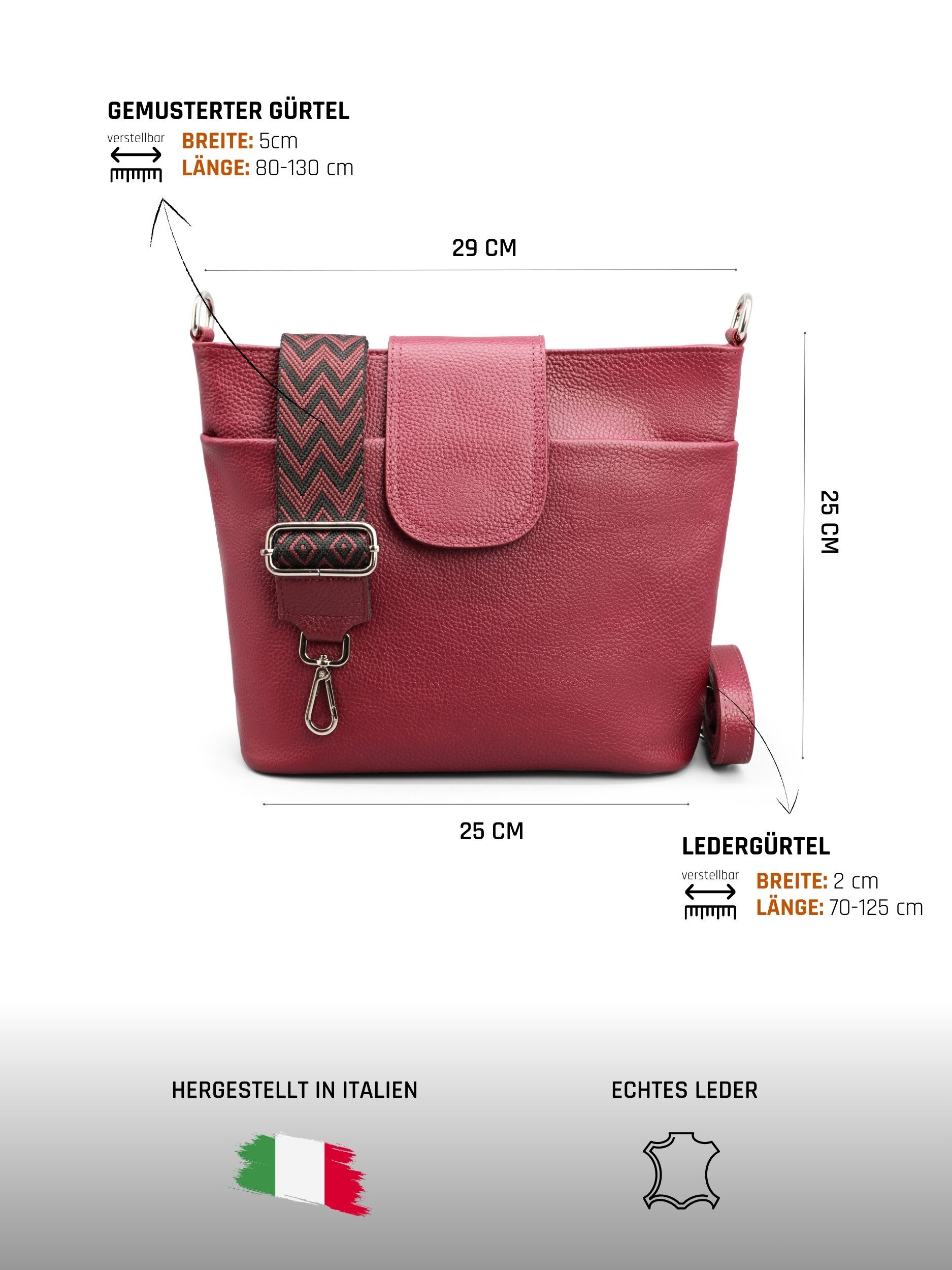 Adel Bags Schultertasche SARA Umhängetasche für Damen, Schultertasche aus Echtleder, 20 Farboptionen, Hergestellt in Italien, mit 2 Riemen