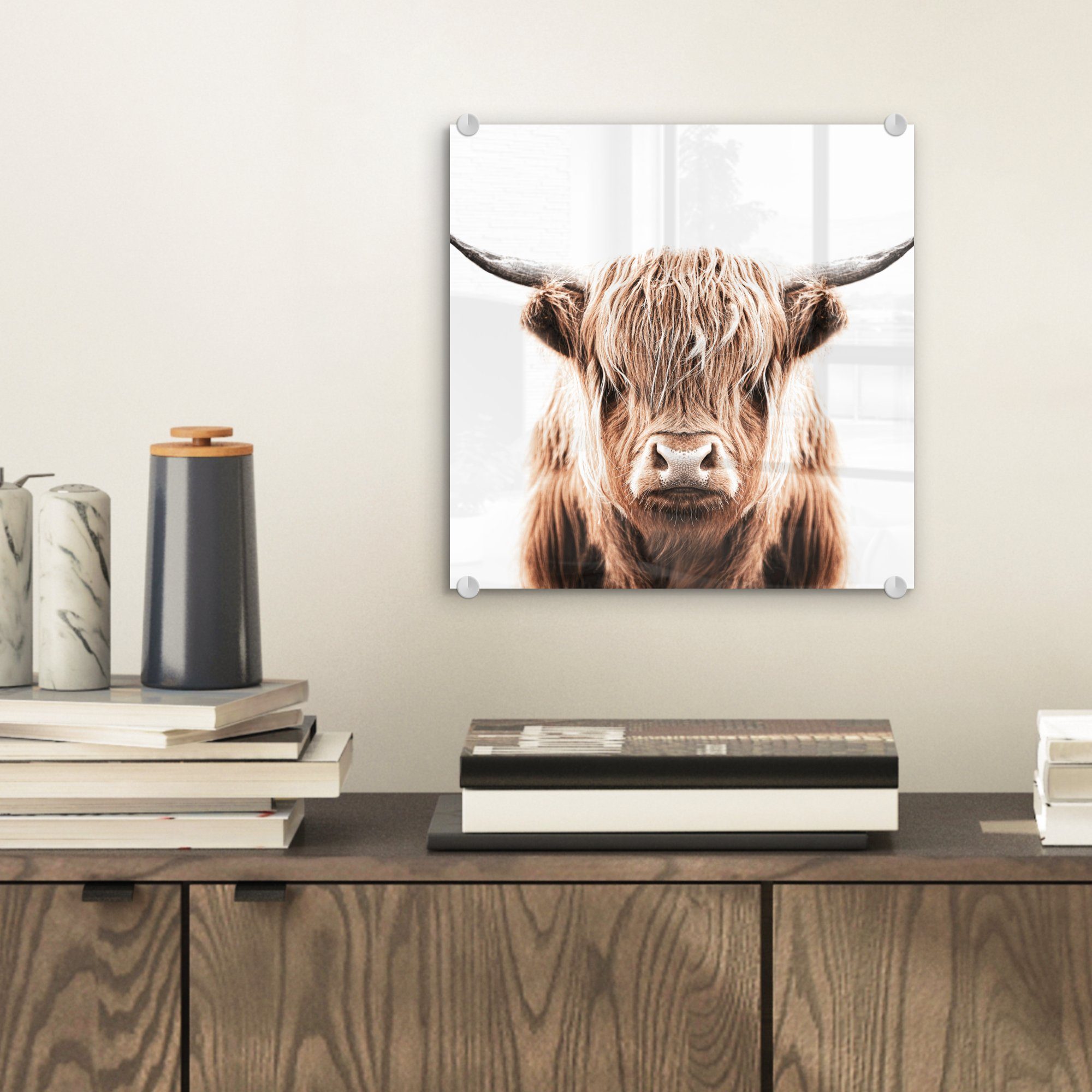 - - Wanddekoration - Acrylglasbild Kuh, (1 - Schottischer Tiere Highlander Glas - Glas auf Foto auf Wandbild MuchoWow Bilder St), Glasbilder