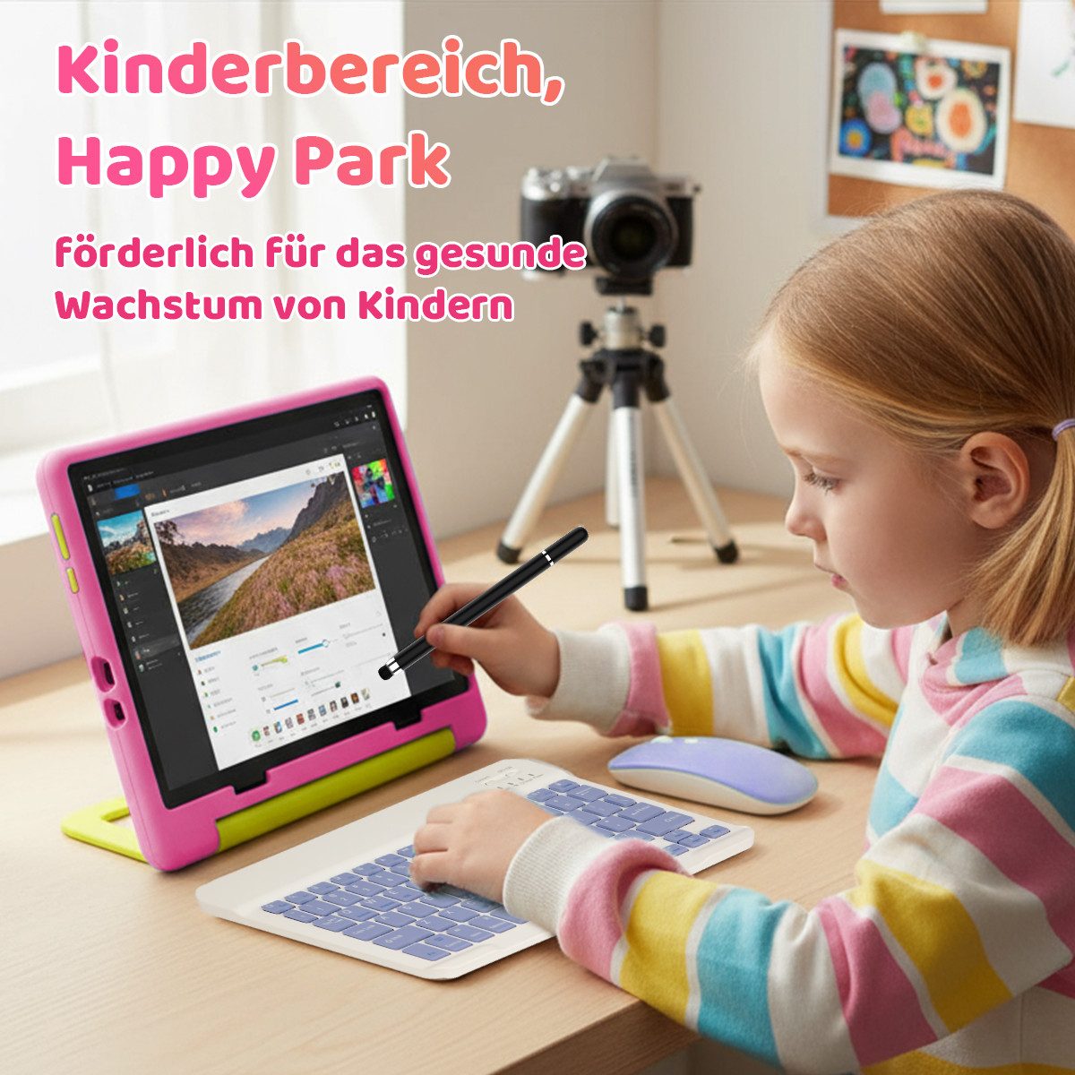 BUFO Android 16 10-Zoll, 24(3+21) GB RAM + 64 GB ROM (TF Expand 1TB) Kinder Tablet (10", 64 GB, Android 16, WiFi 6, mit Tastatur/Maus/Stift, Augenschutz-Tablet mit Eltern-Kontrolle)