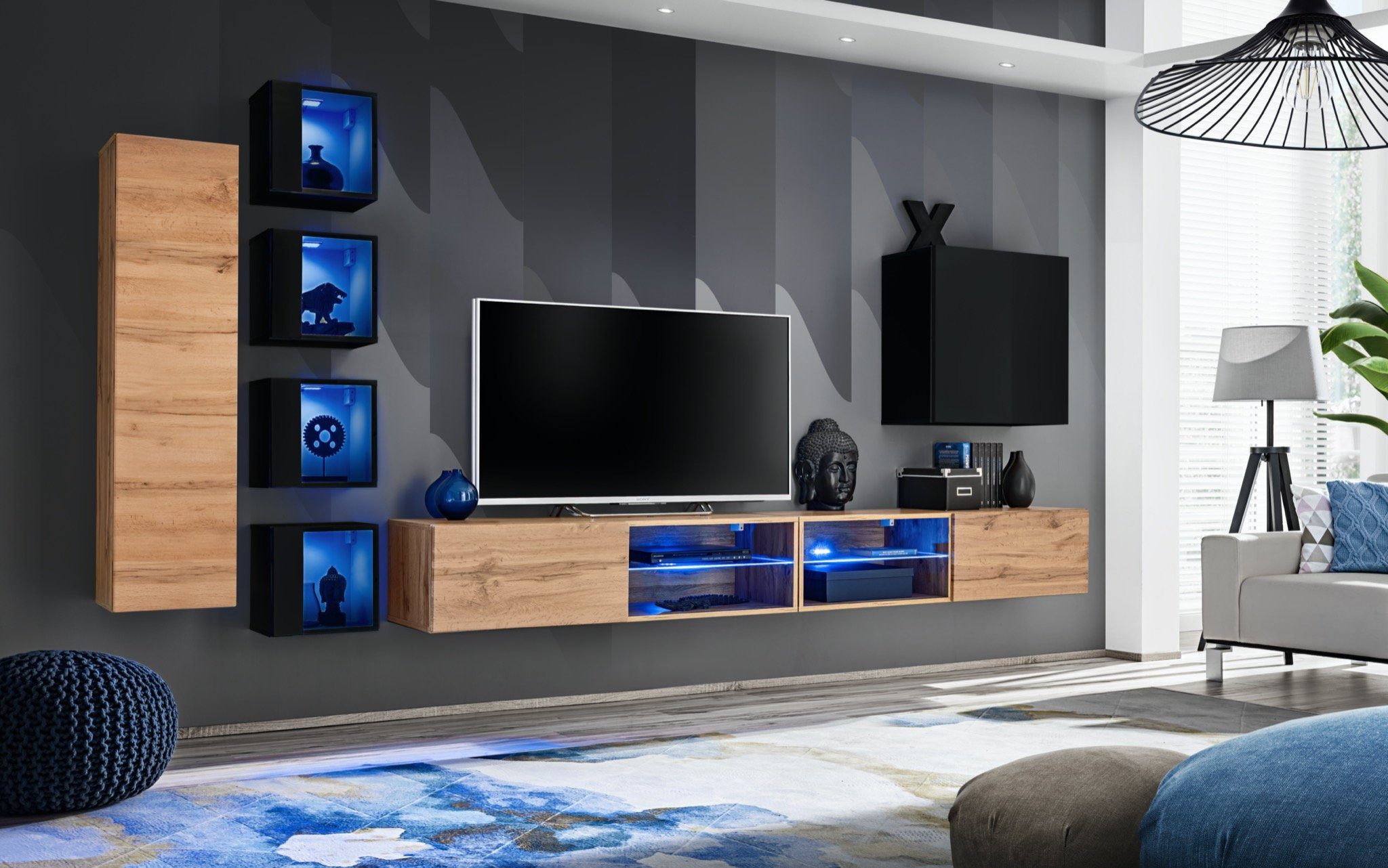 JVmoebel Wohnwand Komplett Designer Modern Wohnwand Wand Regale TV-Ständer Wandschrank, (8-St., 2x TV Ständer + 6x Wandschrank), LED beleuchtet