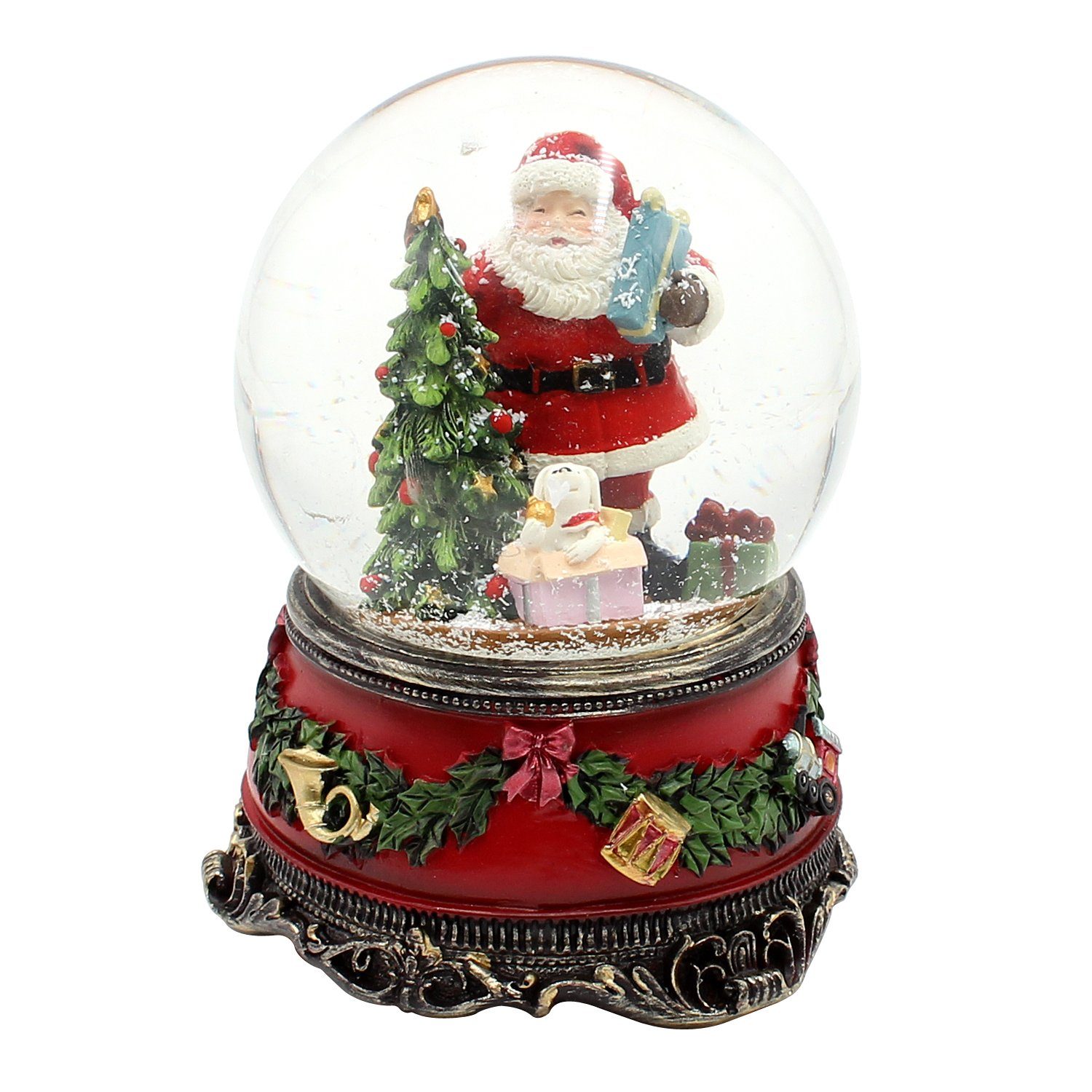 Dekohelden24 Schneekugel Große Schneekugel, Weihnachtsmann mit Hund und Geschenken, mit Sound, (1 St)