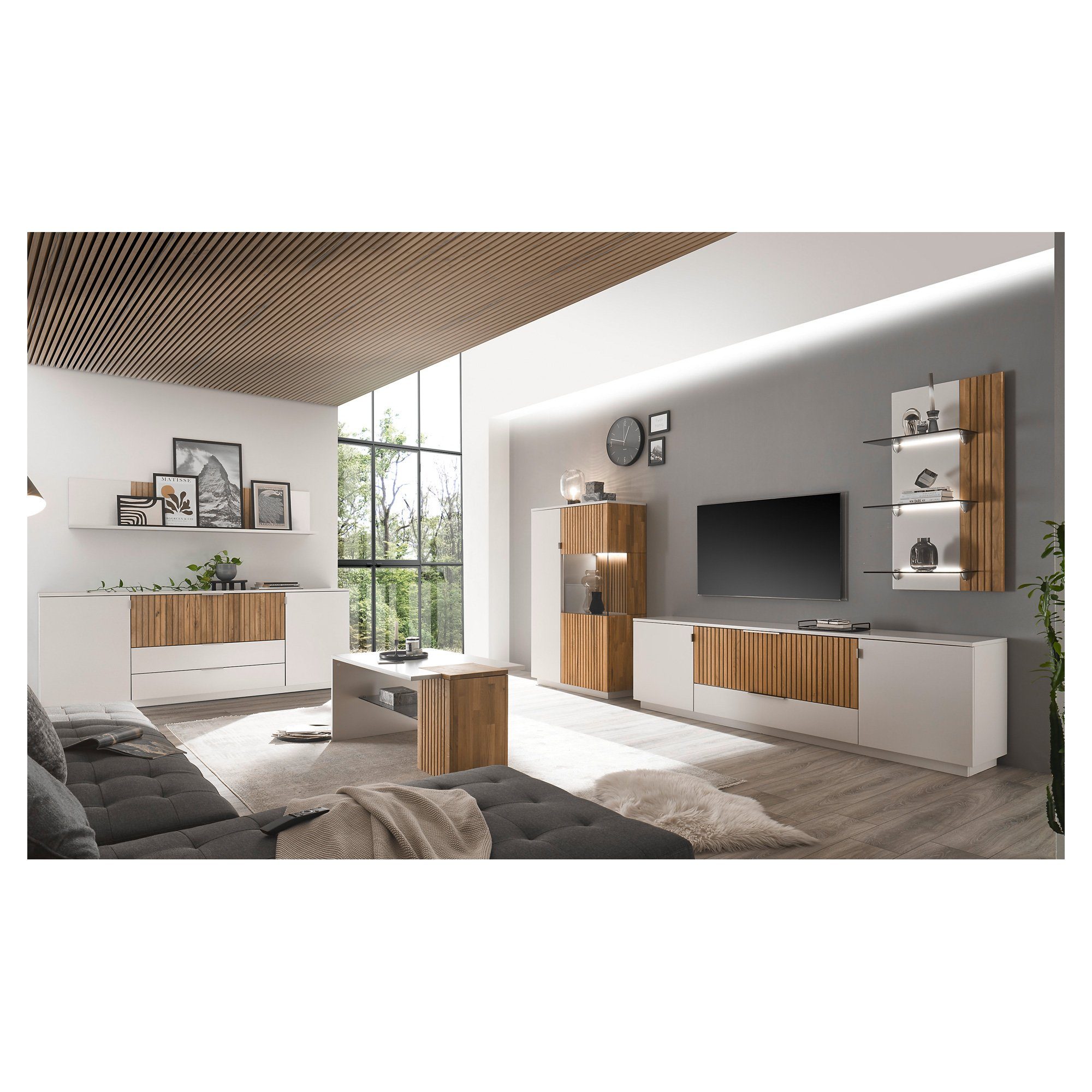 expendio Wohnzimmer-Set Linda 33, (Spar-Set, 6-St), weiß-grau lackiert/ Eiche massiv bianco geölt