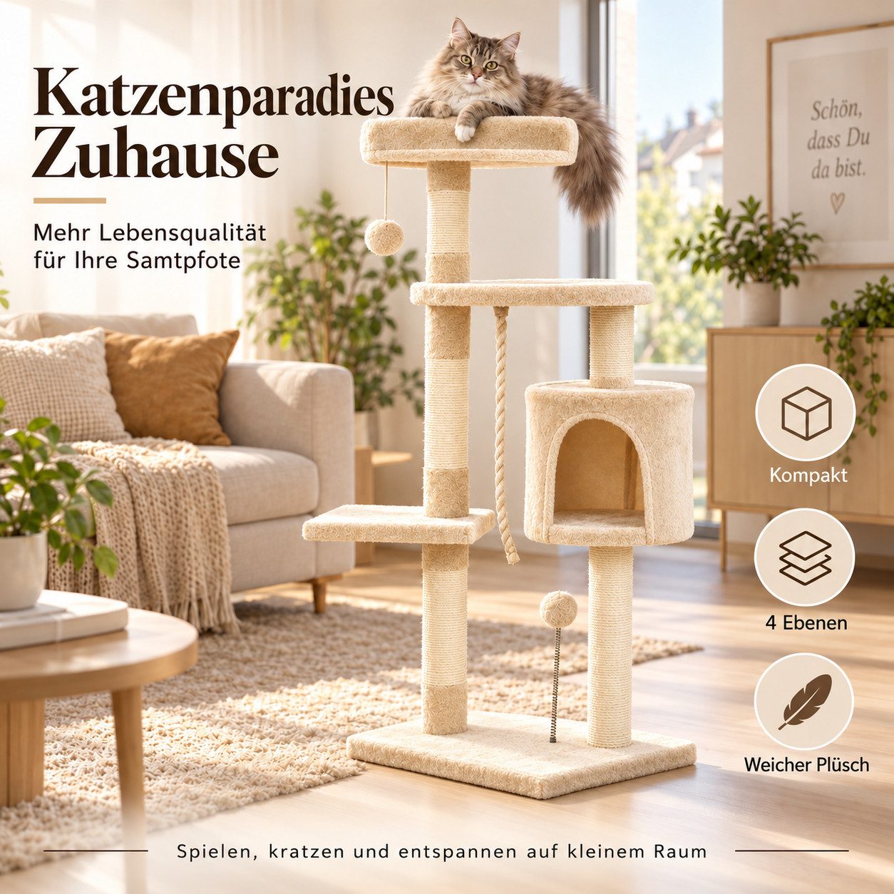 MIBODE Kratzbaum-Liegemulde Kletterbaum Katzenbaum weich, mehrstufiger Katzen Aktivitätsturm, 4 Ebenen ↵ Kuschelhöhle ↵ Sisal-Kratzflächen ↵ 3 Spiele ↵ Platzsparend