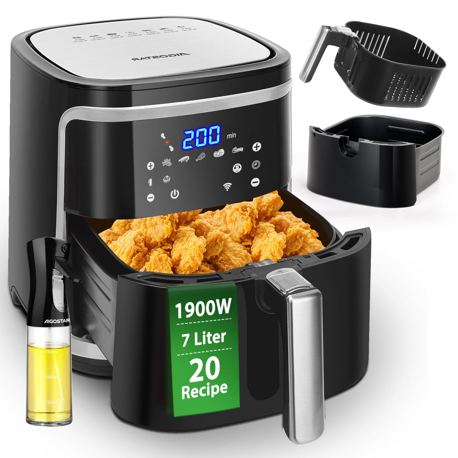 Aigostar Heißluftfritteuse 7L 7-in-1 Airfryer, 90% weniger Fett, 1900,00 W, Temperatursteuerung (80 - 200 °C), 1 - 60 Mins Timer, Memory-Funktion
