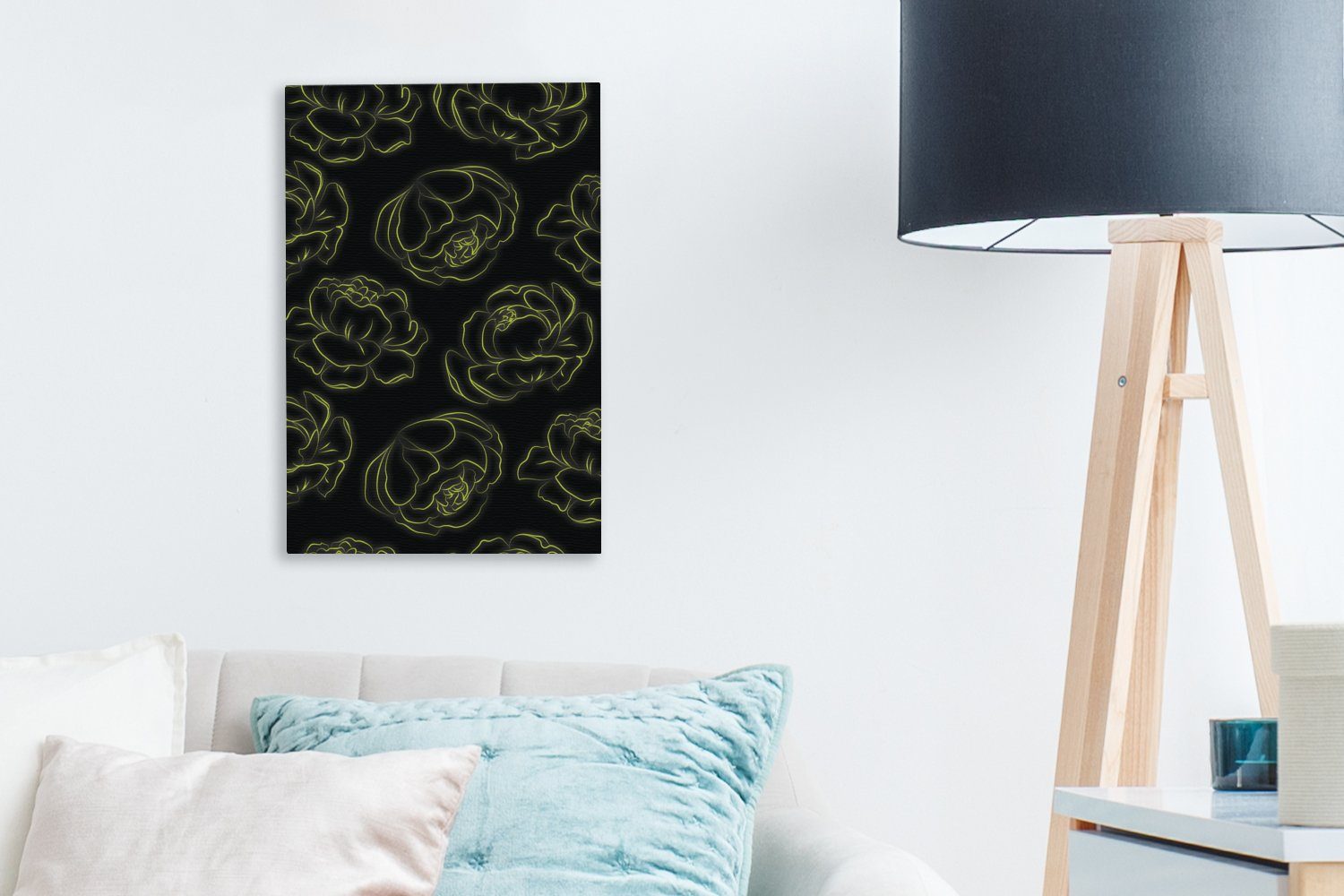 Leinwandbild cm Muster (1 inkl. Blumen, OneMillionCanvasses® Neon - - bespannt Gemälde, 20x30 Leinwandbild - Zackenaufhänger, fertig St), Strichzeichnungen