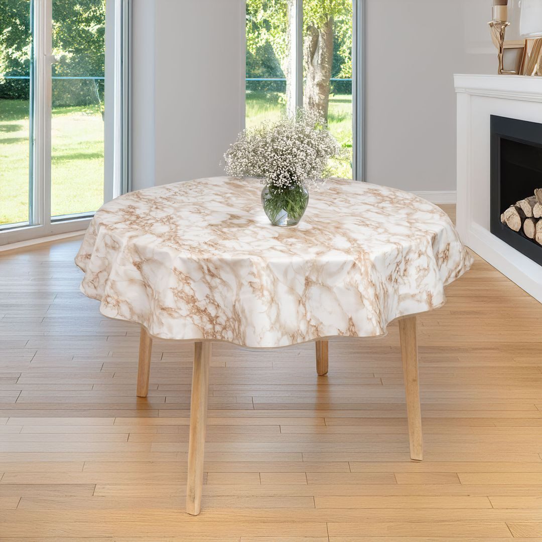 laro Tischdecke 140cm rund Wachstuchtischdecke Saum-Eingefasst Marmor Weiß Beige Braun – Bild 3 von 5