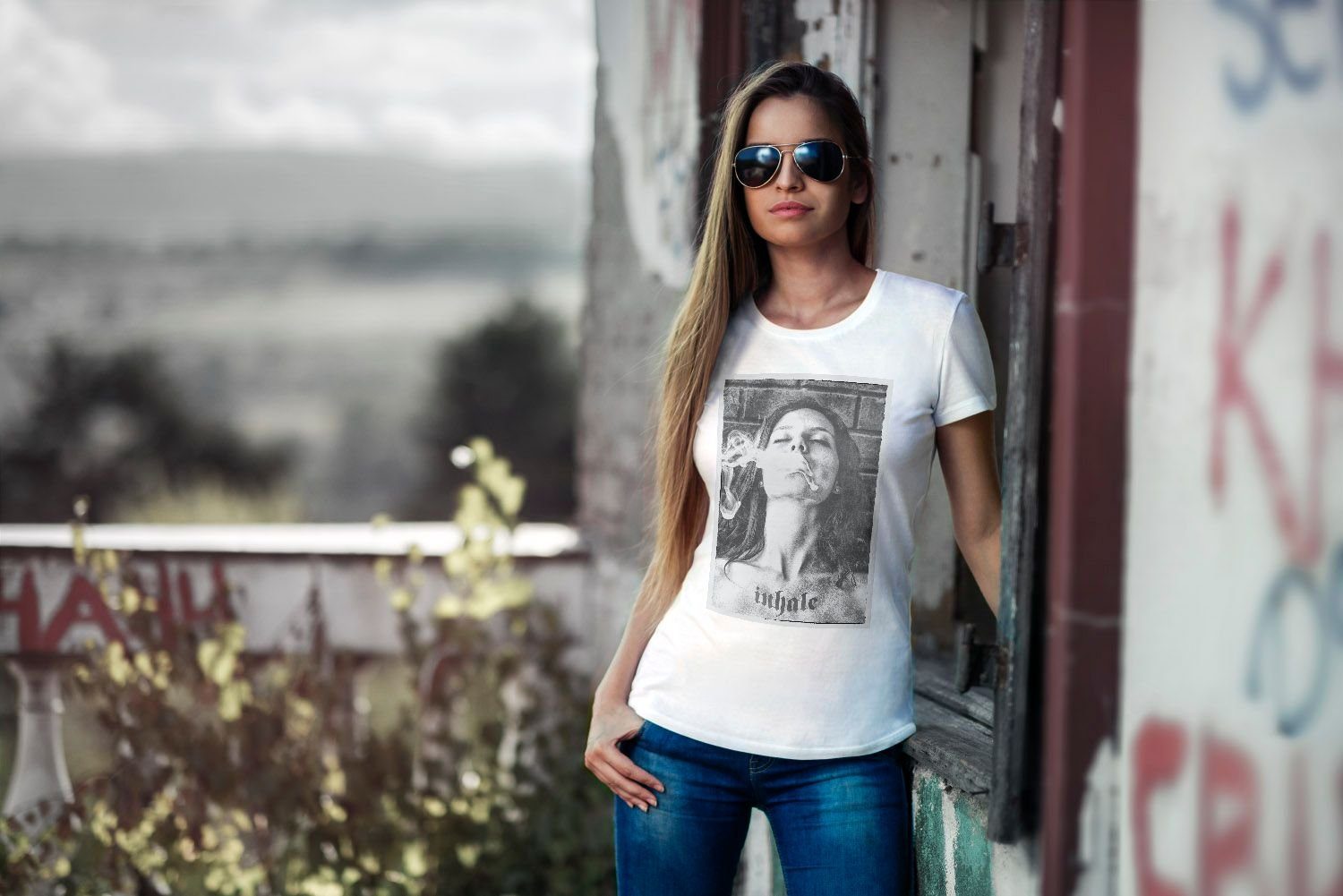 Damen T-Shirt mit Frauen Print Inhale Weed Rauchen Slim Fit Neverless® 