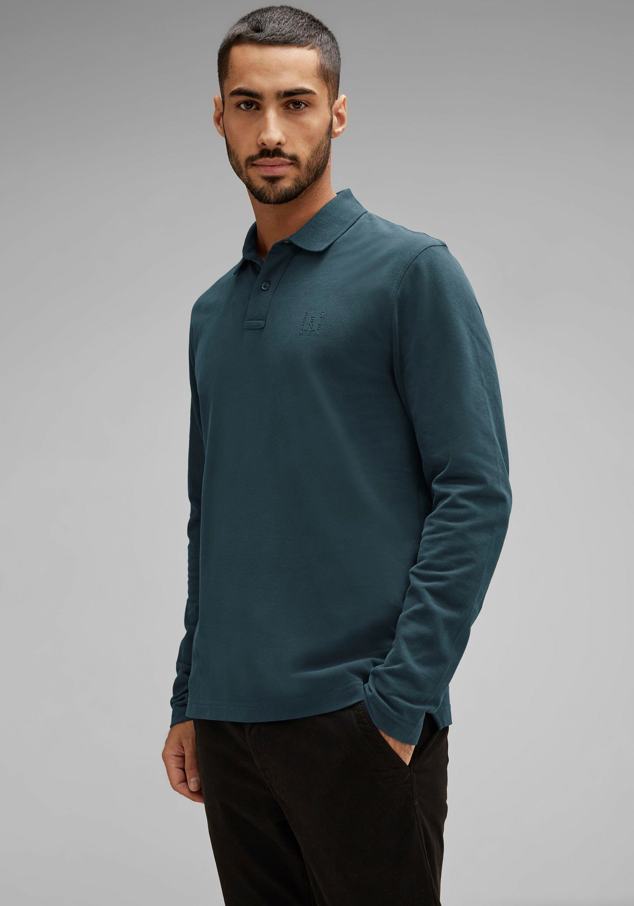 STREET ONE MEN Langarm-Poloshirt mit Patch auf der Brust deep teal green