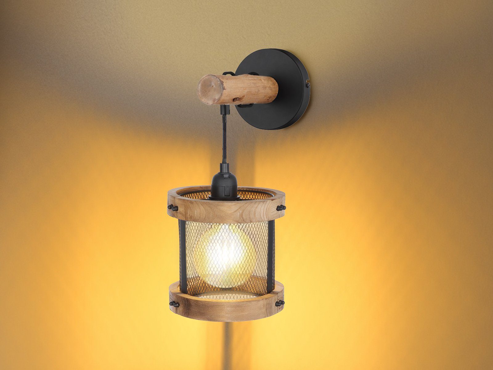 meineWunschleuchte LED Wandleuchte, LED wechselbar, warmweiß, innen,  Holz-lampe hängend Industriedesign für Treppenhaus & Flur, Ø 16cm