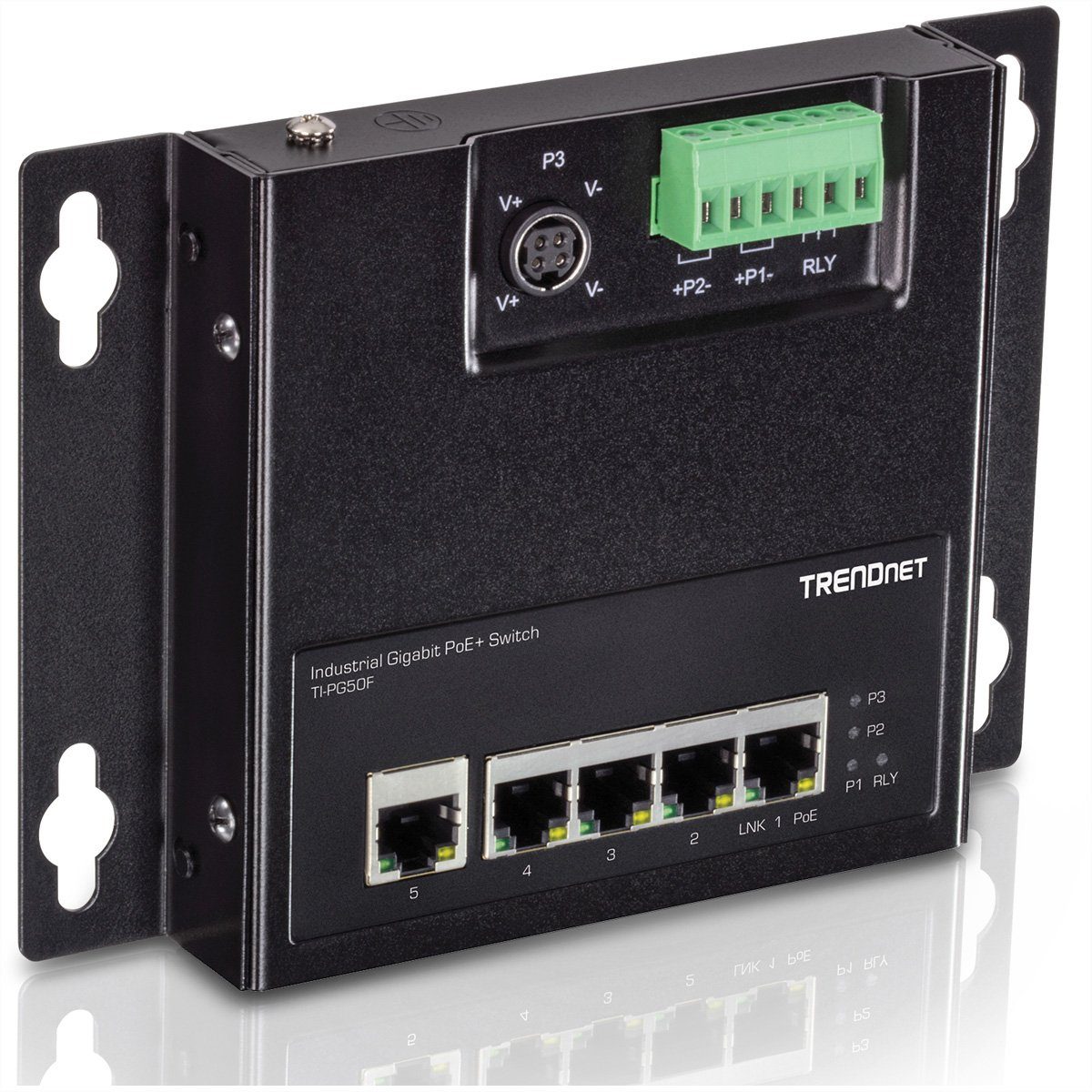 Trendnet TI-PG50F 5-Port Industrial PoE+ Gigabit Front Access Switch Netzwerk-Switch (wandmontierbar)