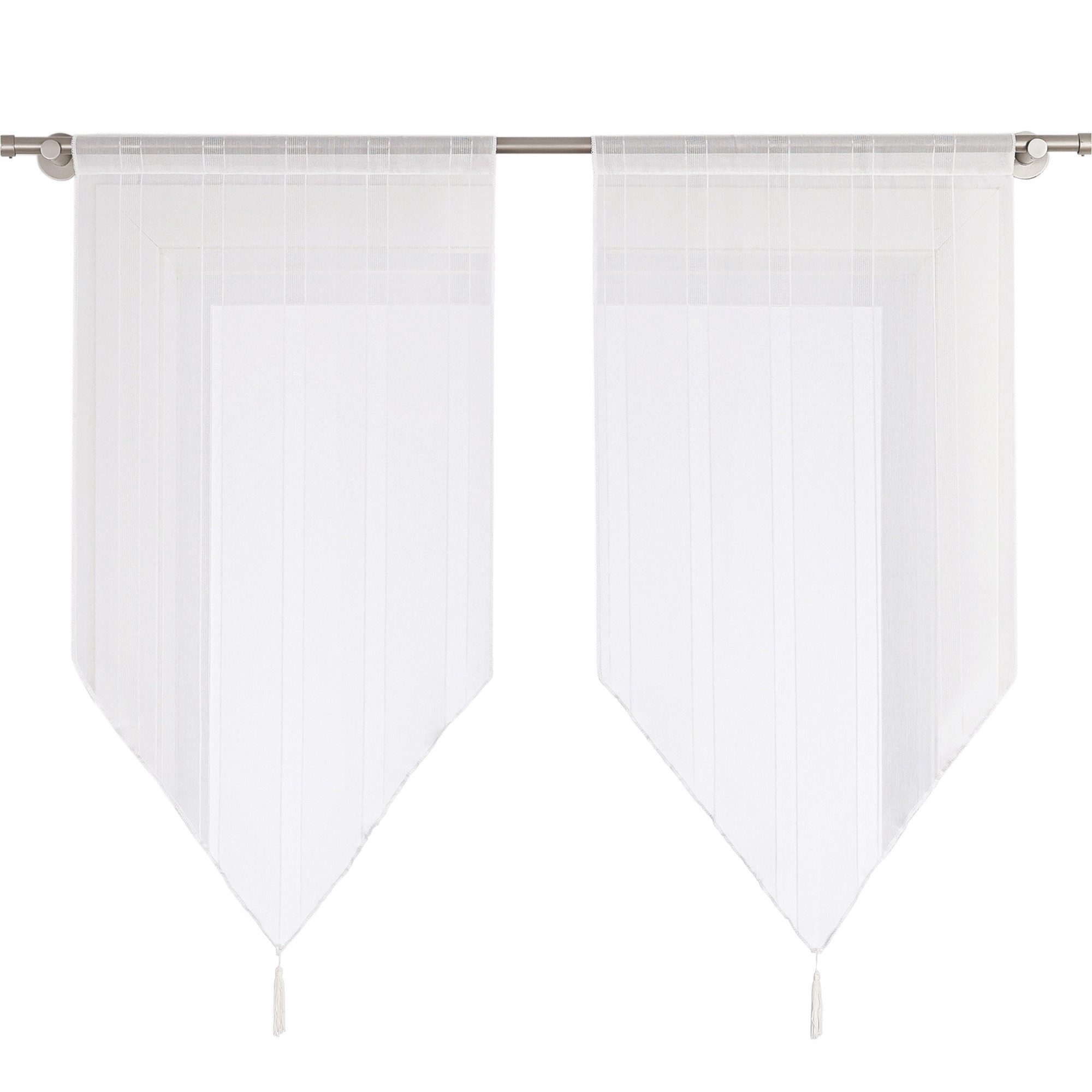 Joyswahl Scheibengardine Sophie Längsstreifen Kurzstore mit Quasten im klassischen Design (2 St), Stangendurchzug, transparent, Voile, Spitzer Abschluss, lichtdurchlässig für Küche und Esszimmer