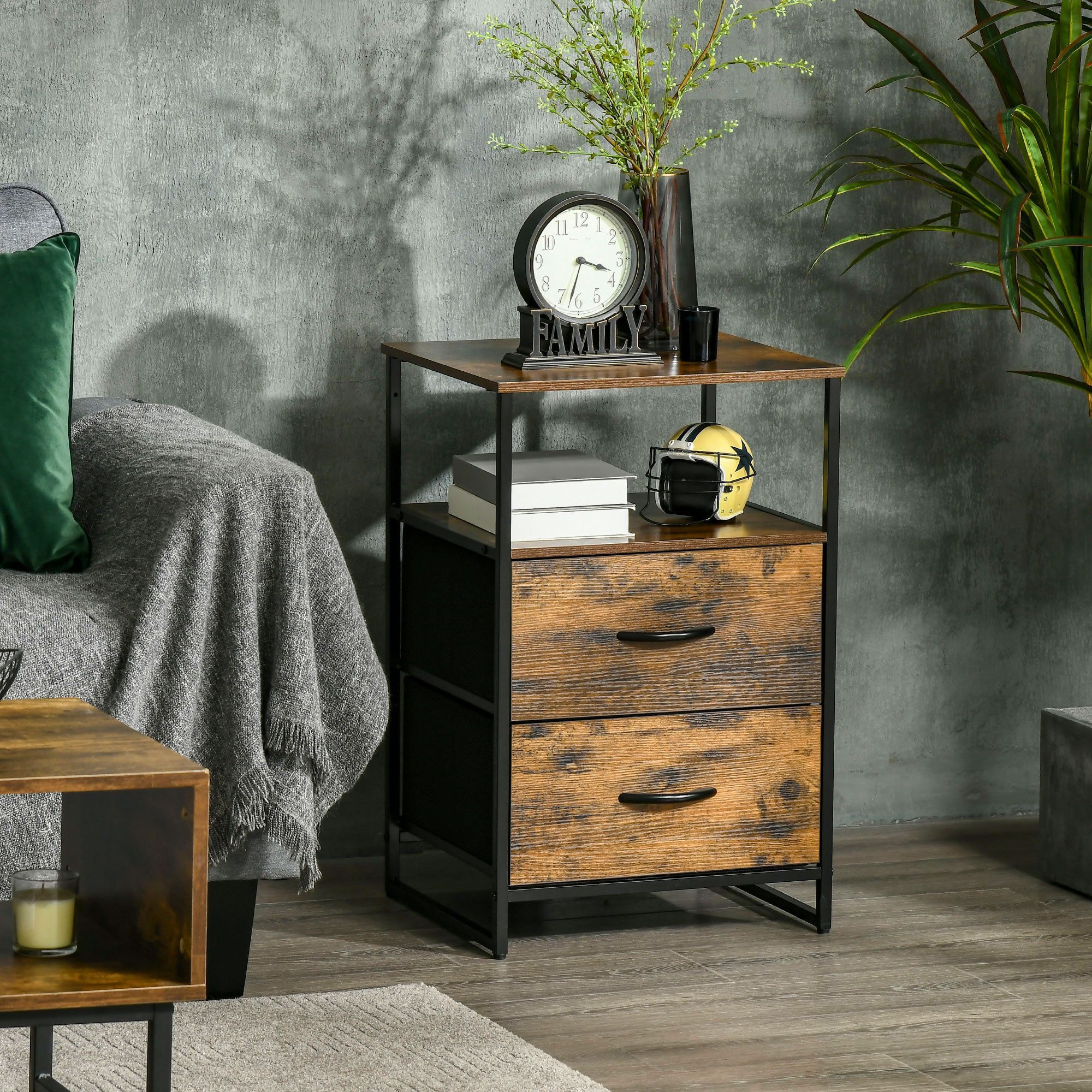 HOMCOM Kommode Stoff Aufbewahrungsschrank mit 2 Schubladen, Ablage Stahlgestell (Schubladenschrank, 1 St., mit Regal, Griff), für Wohnzimmer, Schlafzimmer, Rustikal-Braun